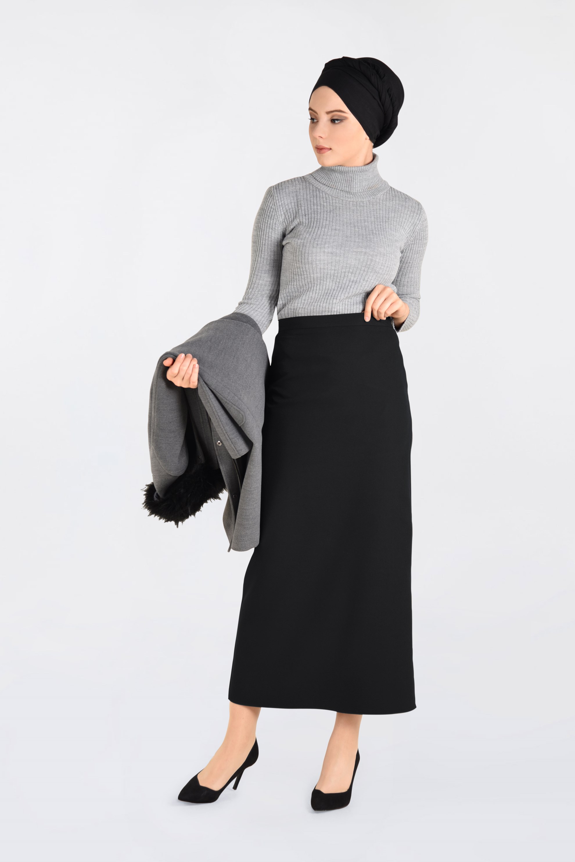 Tesettür giyim SİYAH GİZLİ YIRTMAÇLI KALEM ETEK 6252