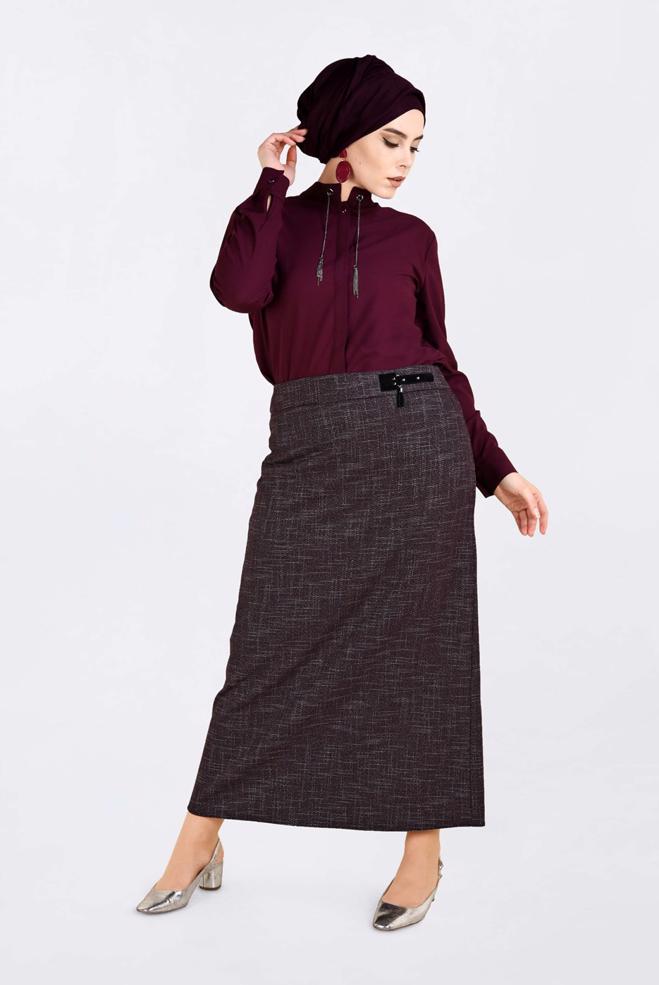 Tesettür giyim BORDO DÜZ KESİM KIRÇILLI ETEK 6253  - ALVİNA