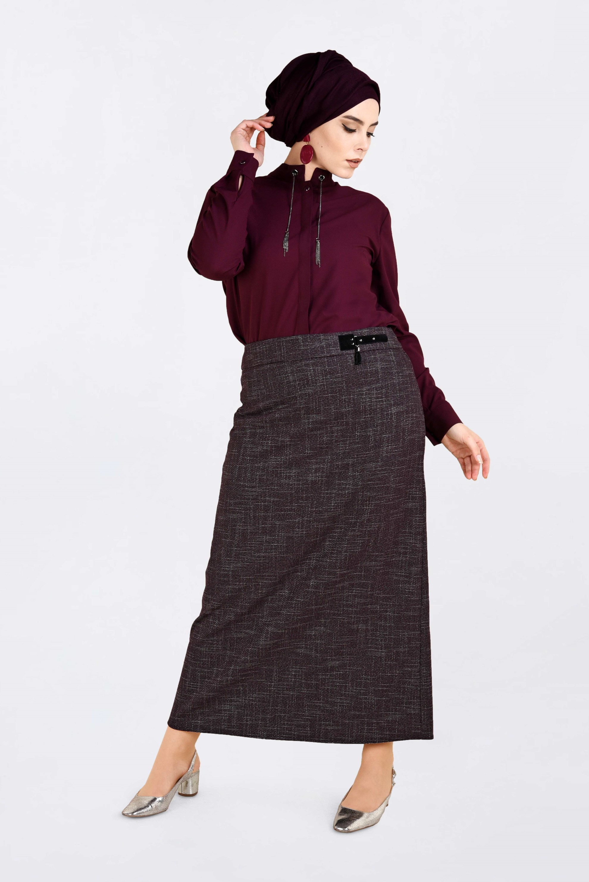 Tesettür giyim BORDO DÜZ KESİM KIRÇILLI ETEK 6253 