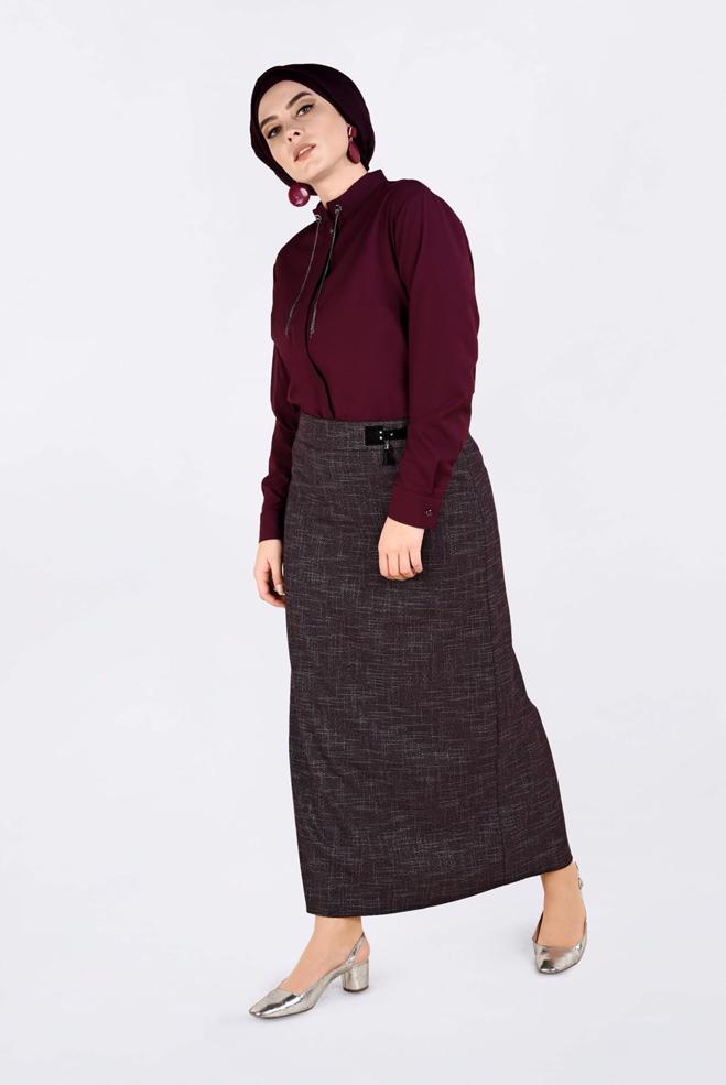 Tesettür giyim BORDO DÜZ KESİM KIRÇILLI ETEK 6253  - ALVİNA