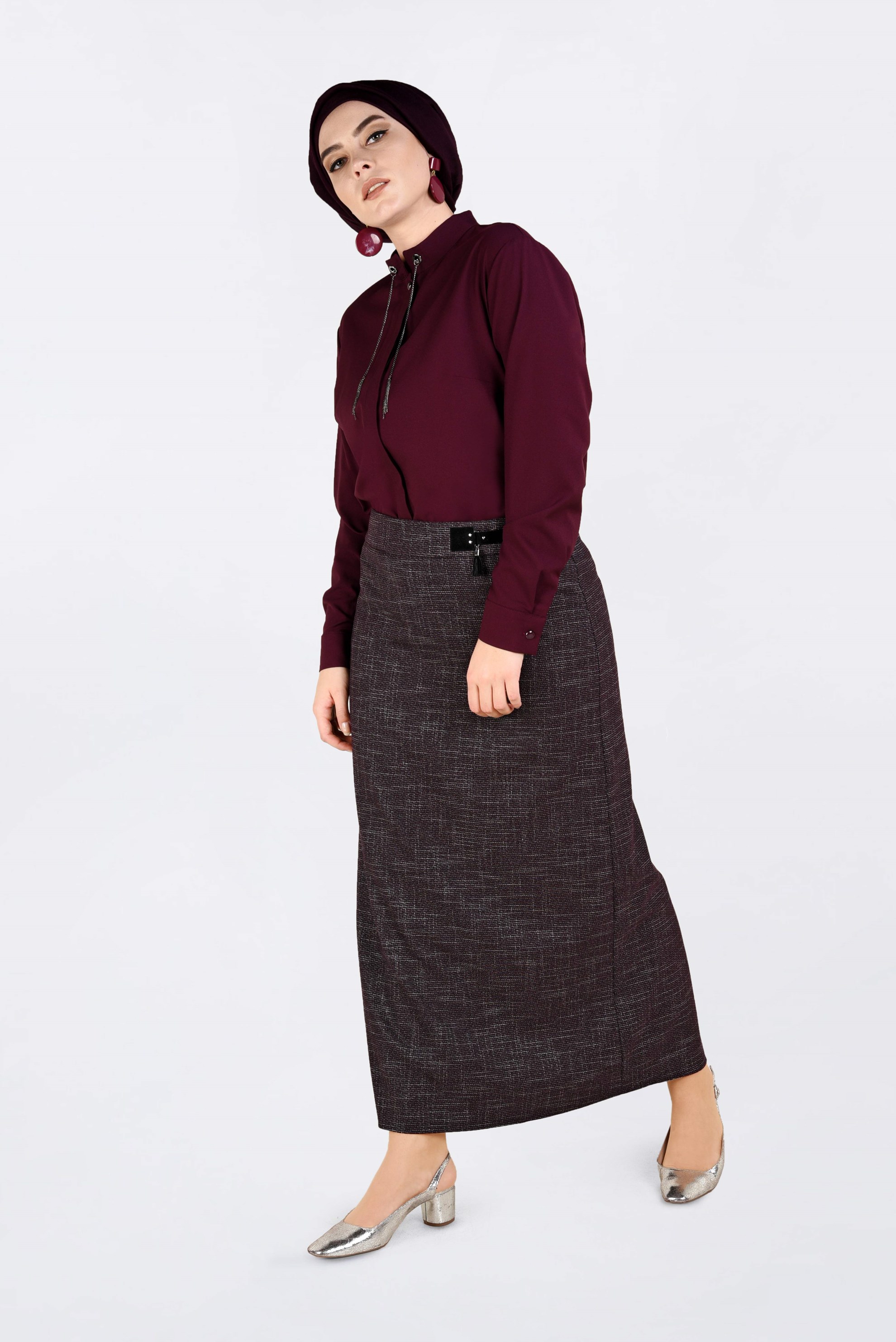 Tesettür giyim BORDO DÜZ KESİM KIRÇILLI ETEK 6253 