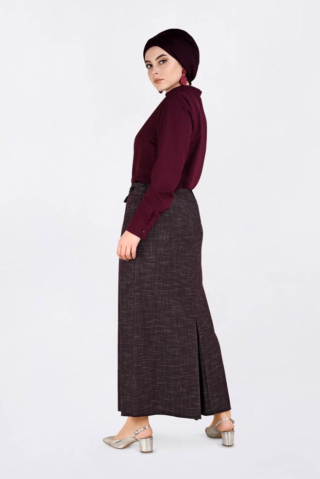 Tesettür giyim BORDO DÜZ KESİM KIRÇILLI ETEK 6253  - ALVİNA