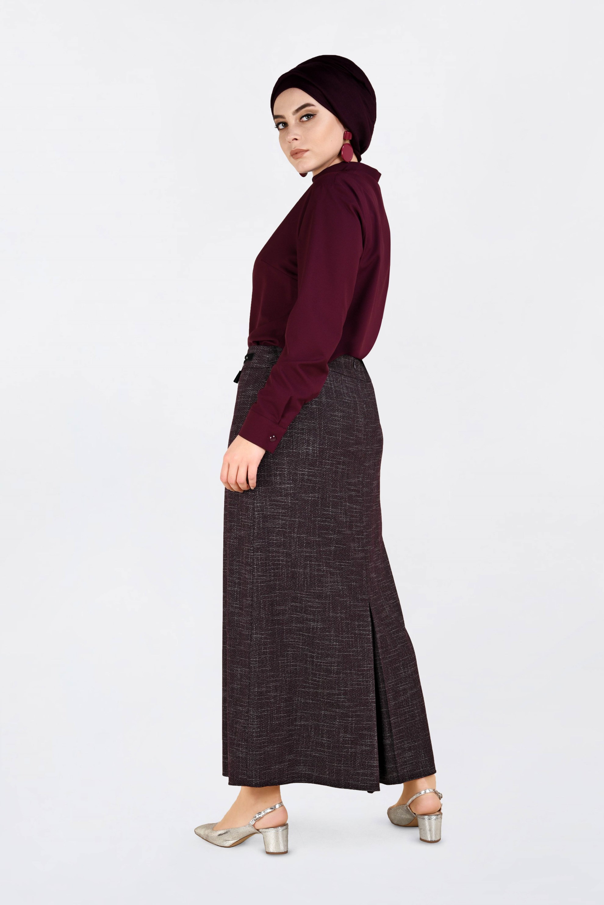 Tesettür giyim BORDO DÜZ KESİM KIRÇILLI ETEK 6253 