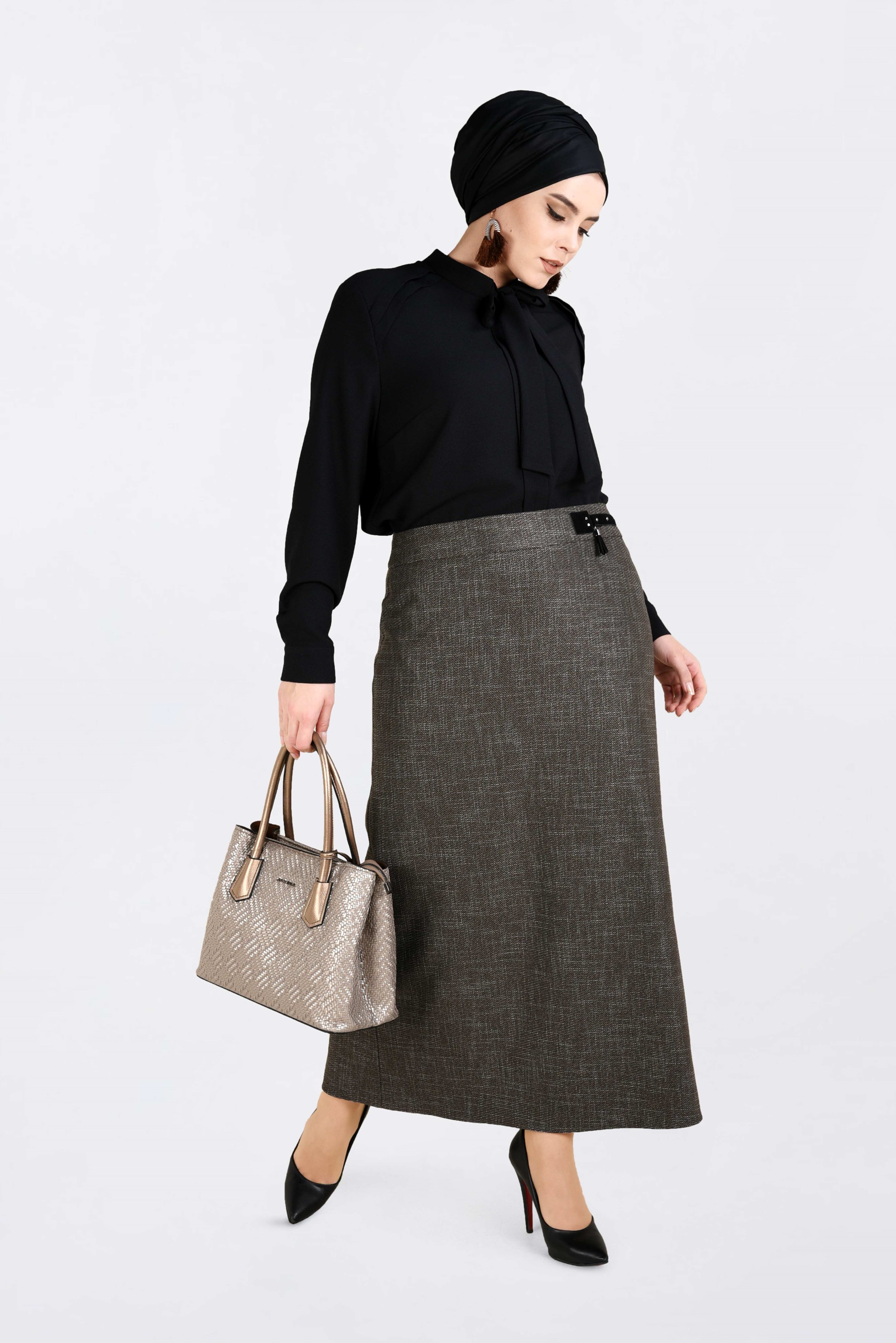 Tesettür giyim VİZON DÜZ KESİM KIRÇILLI ETEK 6253 