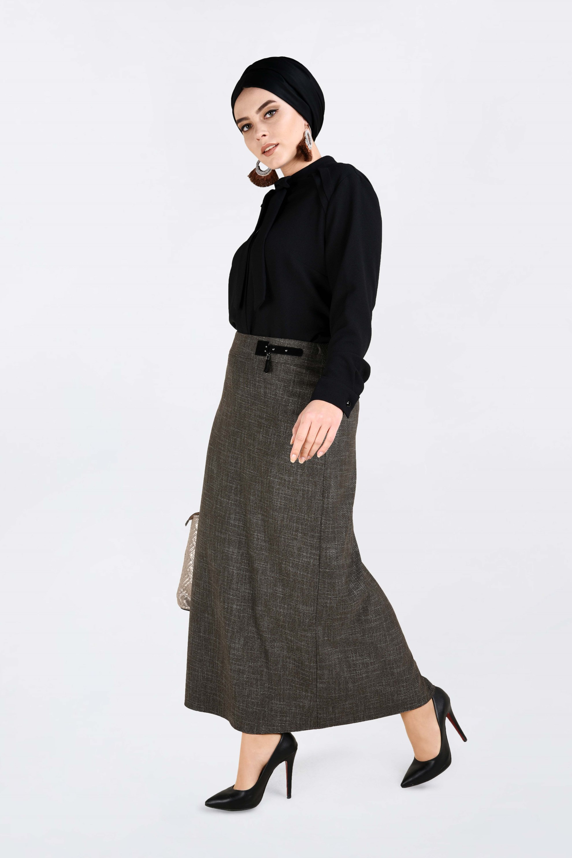 Tesettür giyim VİZON DÜZ KESİM KIRÇILLI ETEK 6253 