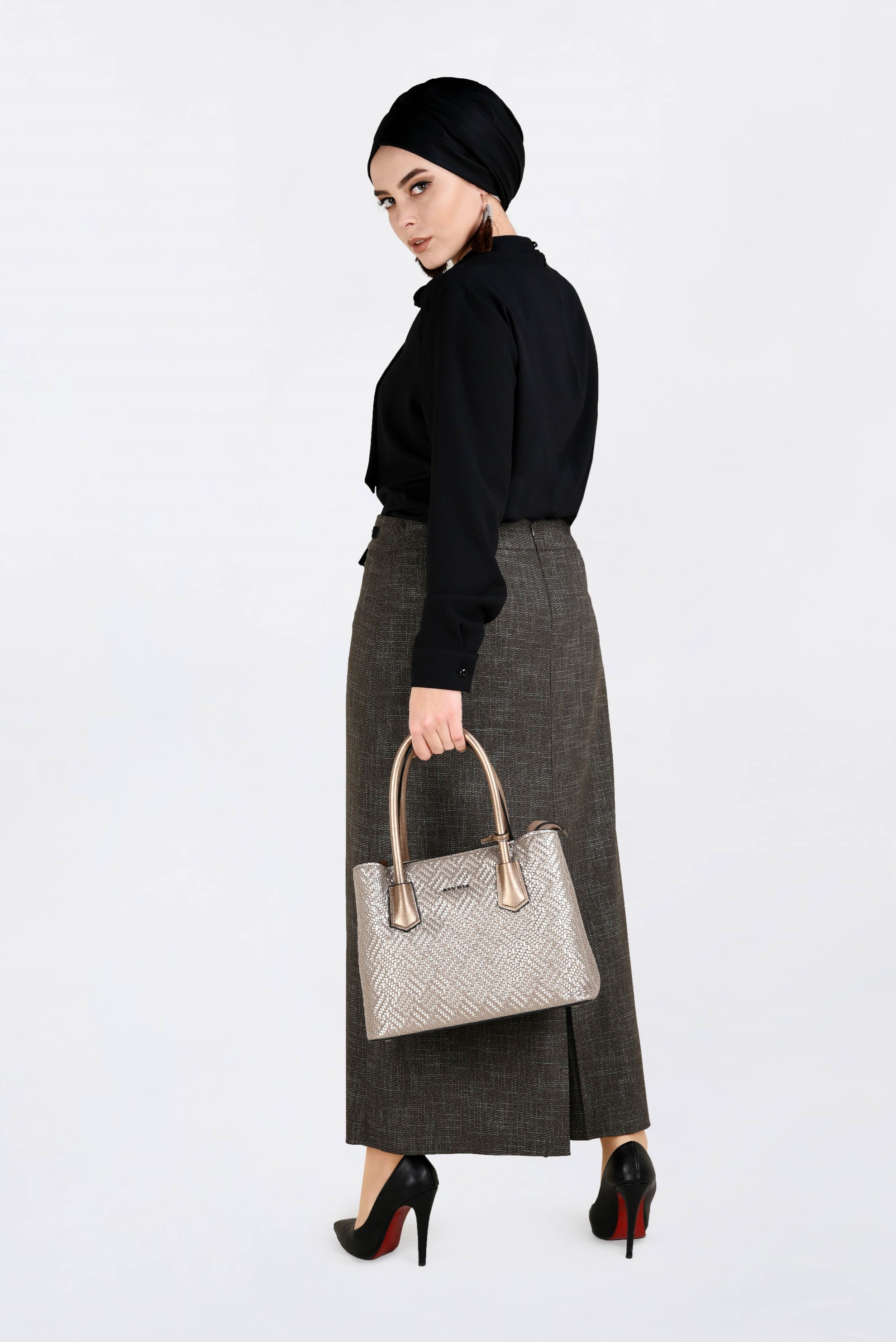 Tesettür giyim VİZON DÜZ KESİM KIRÇILLI ETEK 6253 