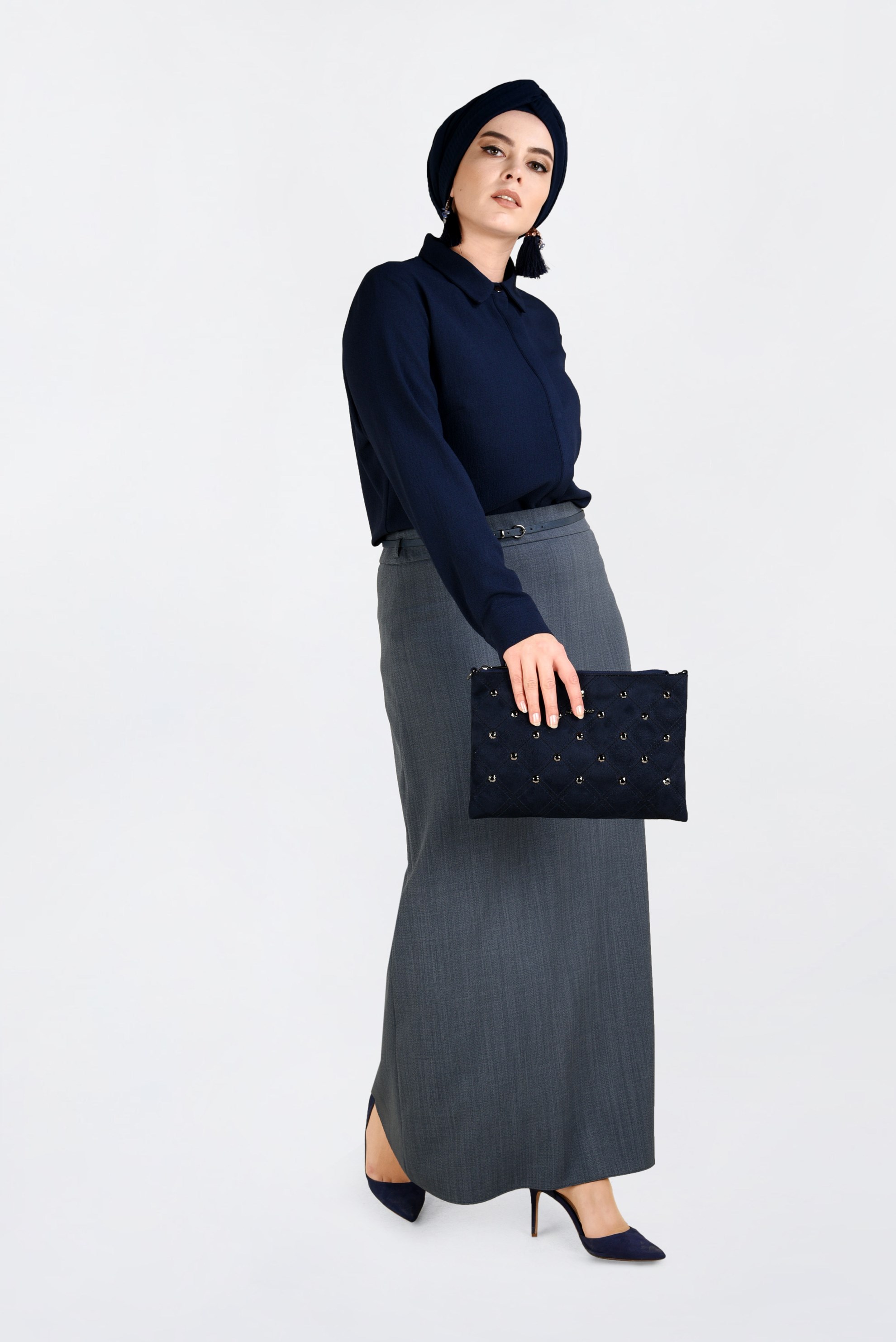 Hijab clothing GREY BELTED PENCIL SKIRT 6254 