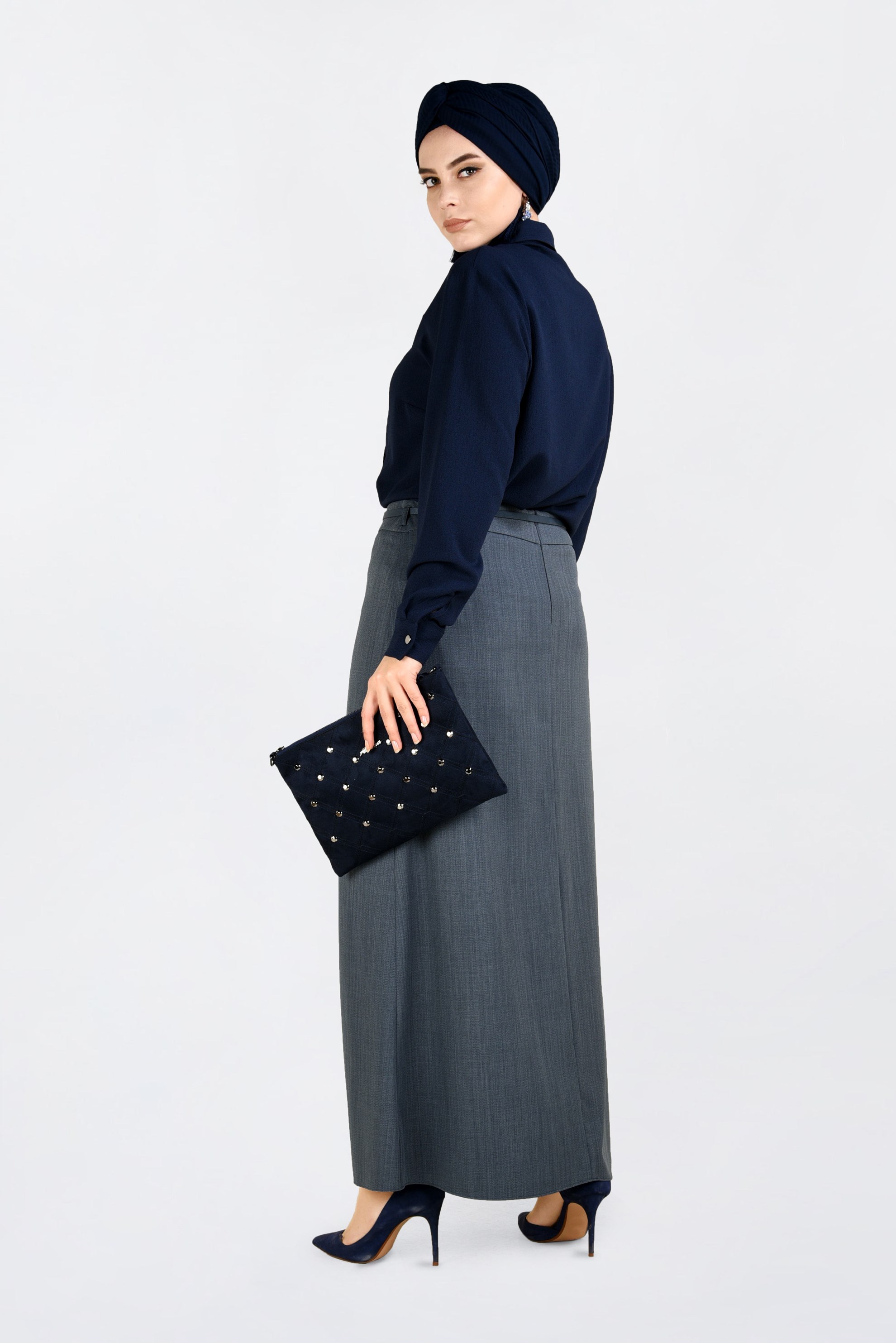 Hijab clothing GREY BELTED PENCIL SKIRT 6254 