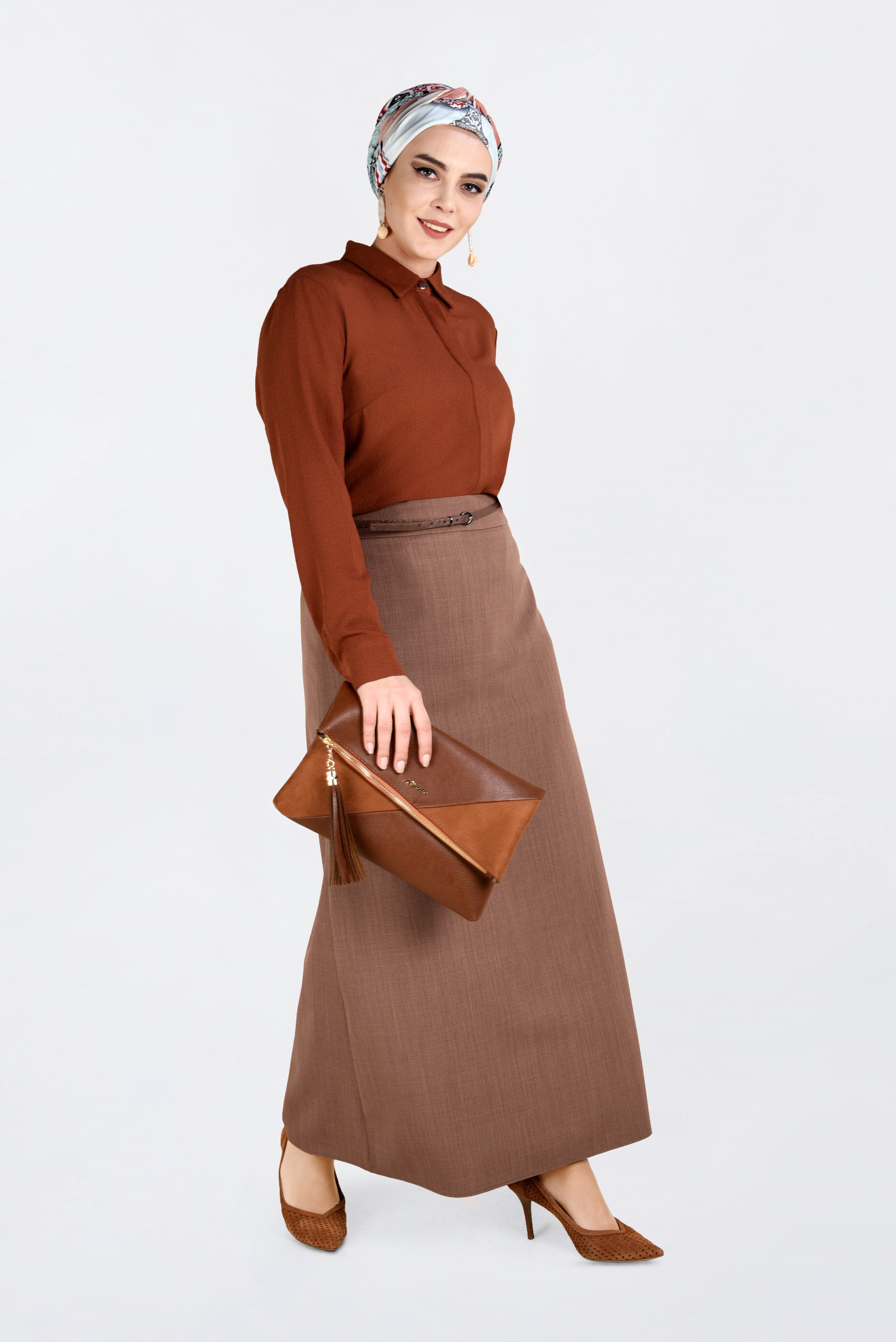 Hijab clothing BROWN BELTED PENCIL SKIRT 6254 