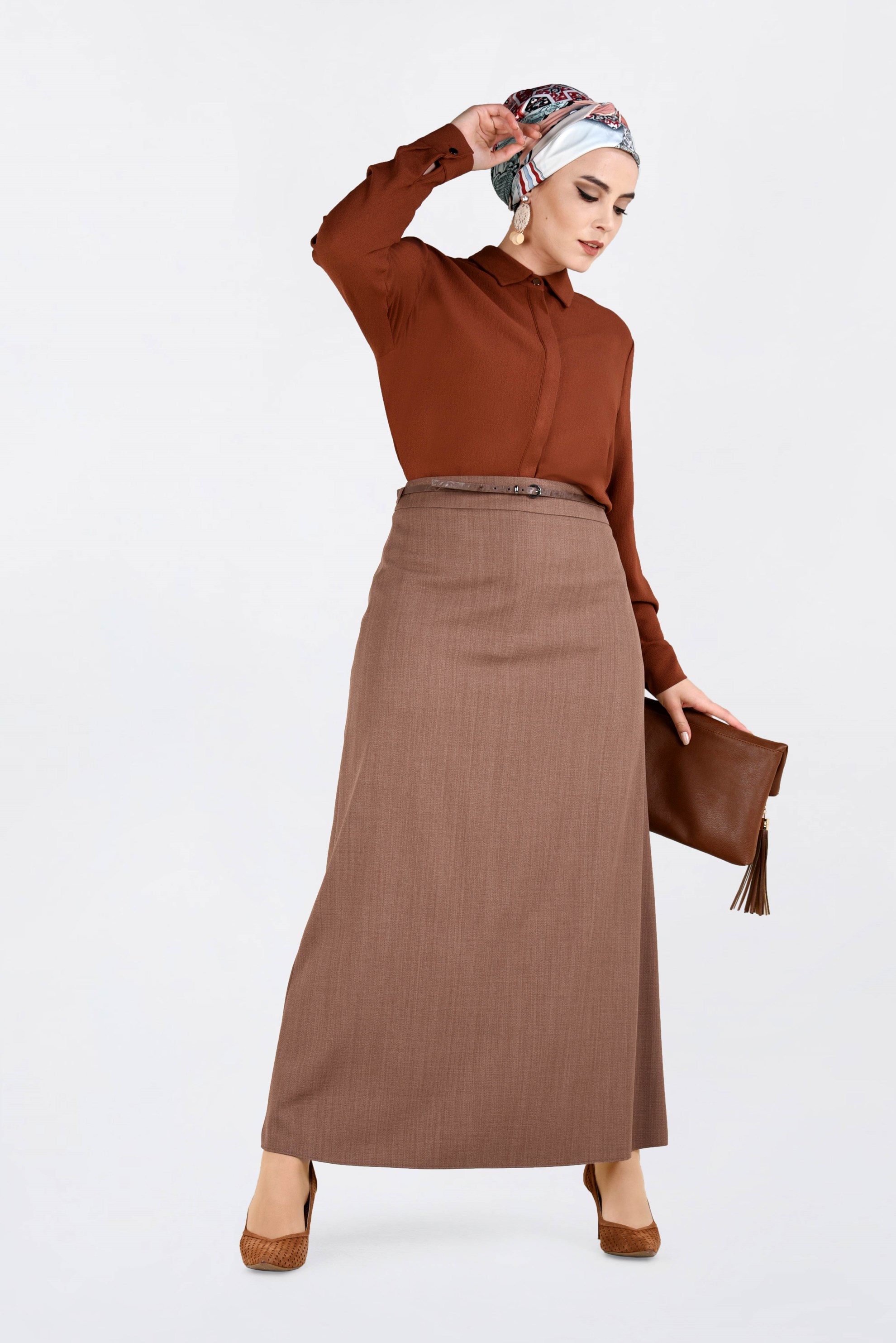 Hijab clothing BROWN BELTED PENCIL SKIRT 6254 