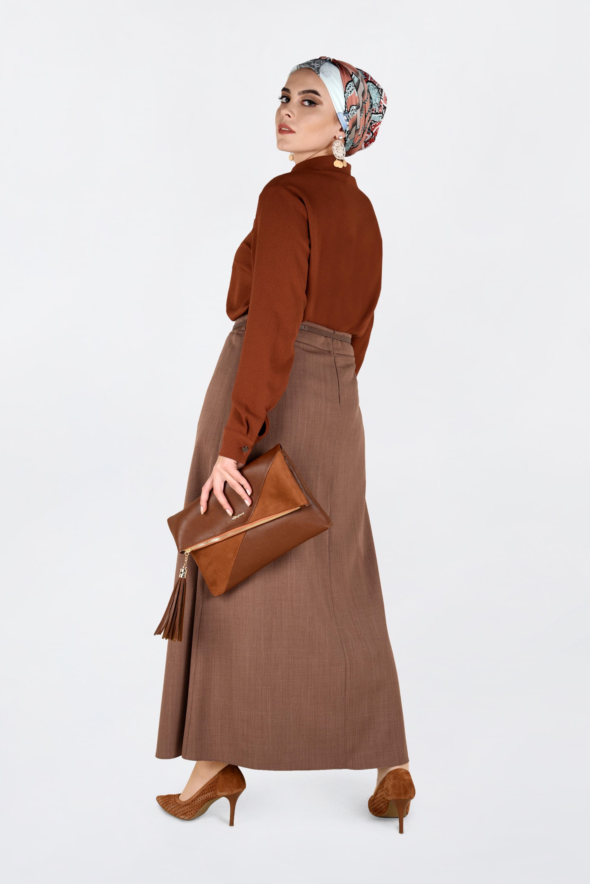 Hijab clothing BROWN BELTED PENCIL SKIRT 6254 