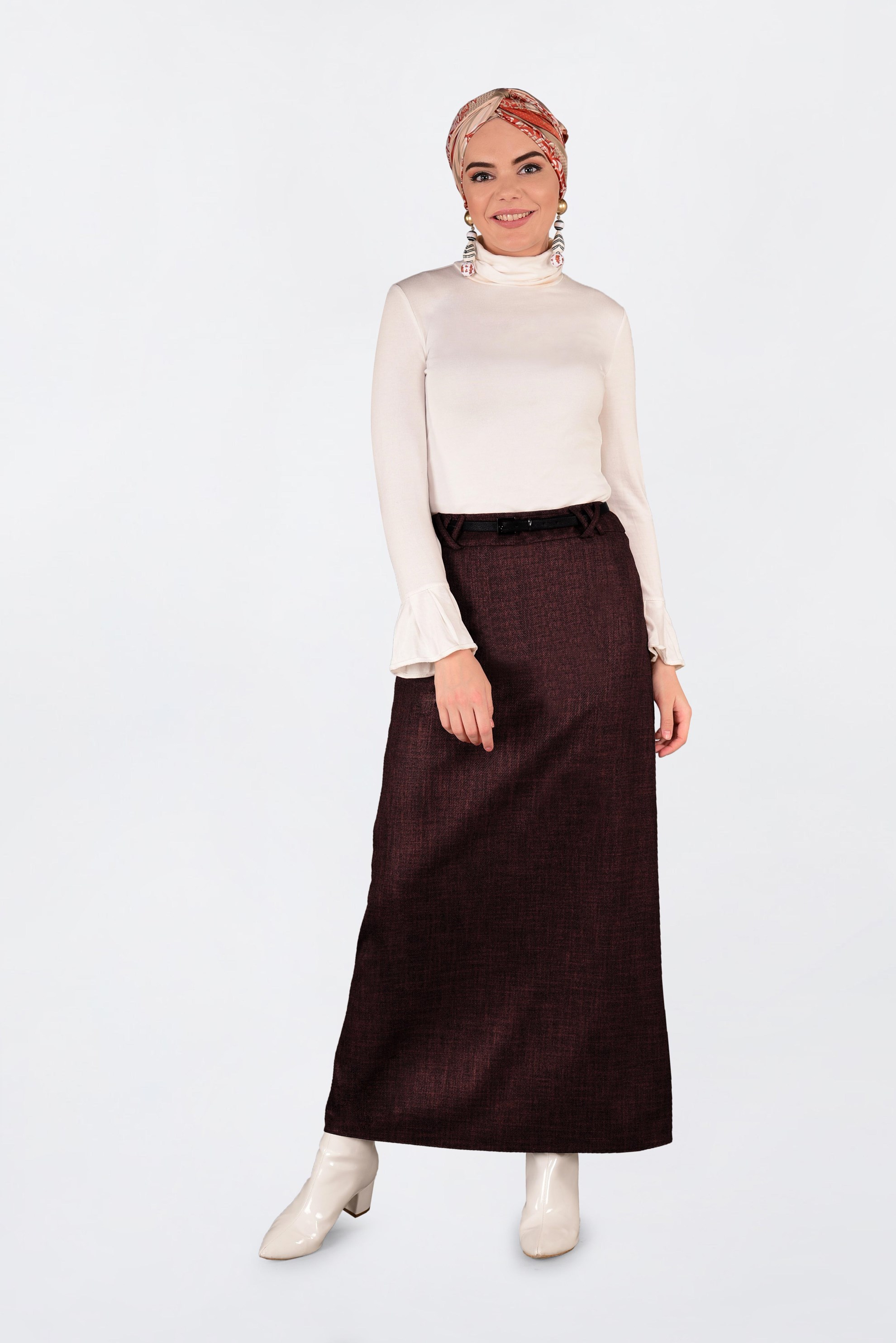 Tesettür giyim BORDO GİZLİ YIRTMAÇLI DÜZ ETEK 6255 