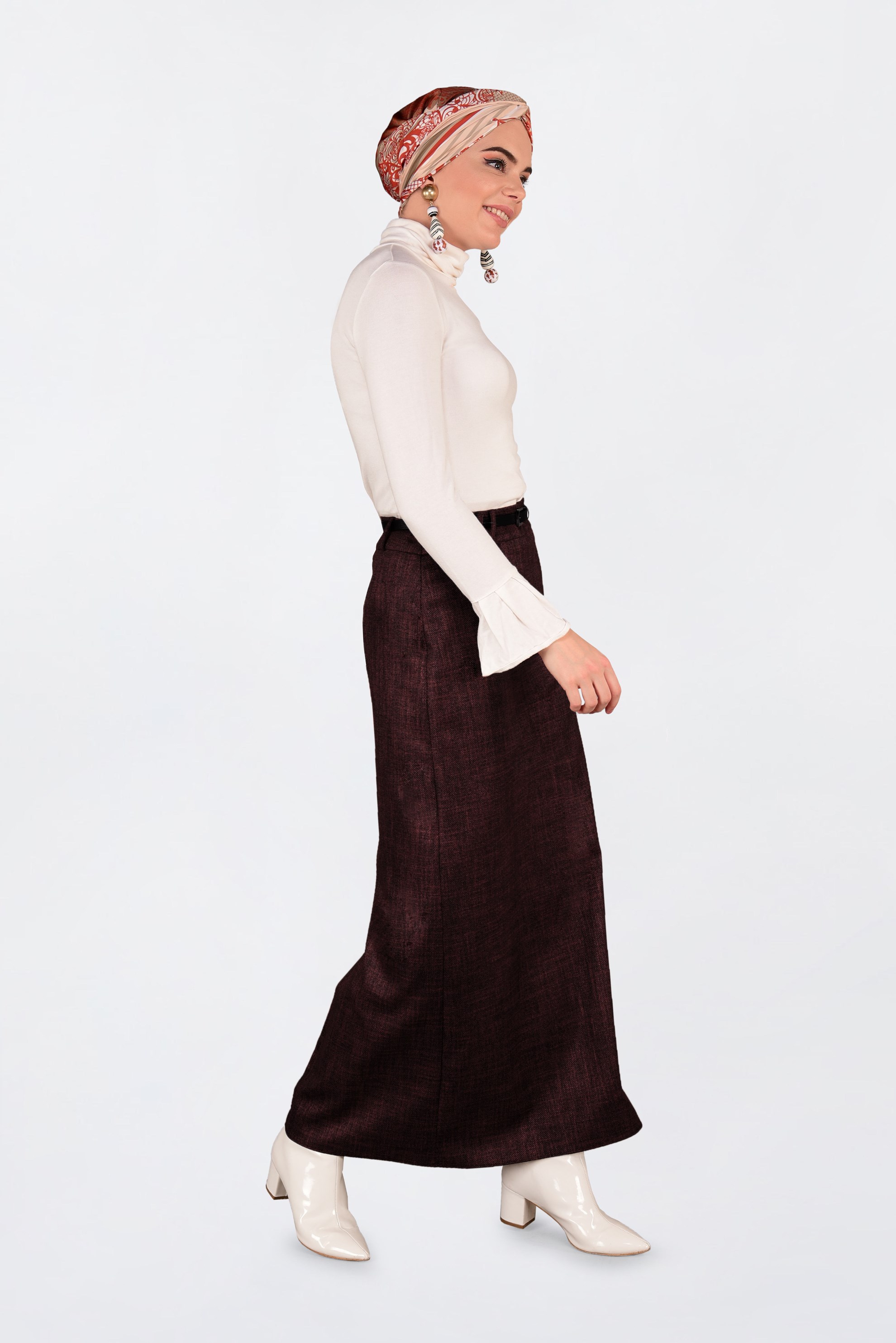 Tesettür giyim BORDO GİZLİ YIRTMAÇLI DÜZ ETEK 6255 