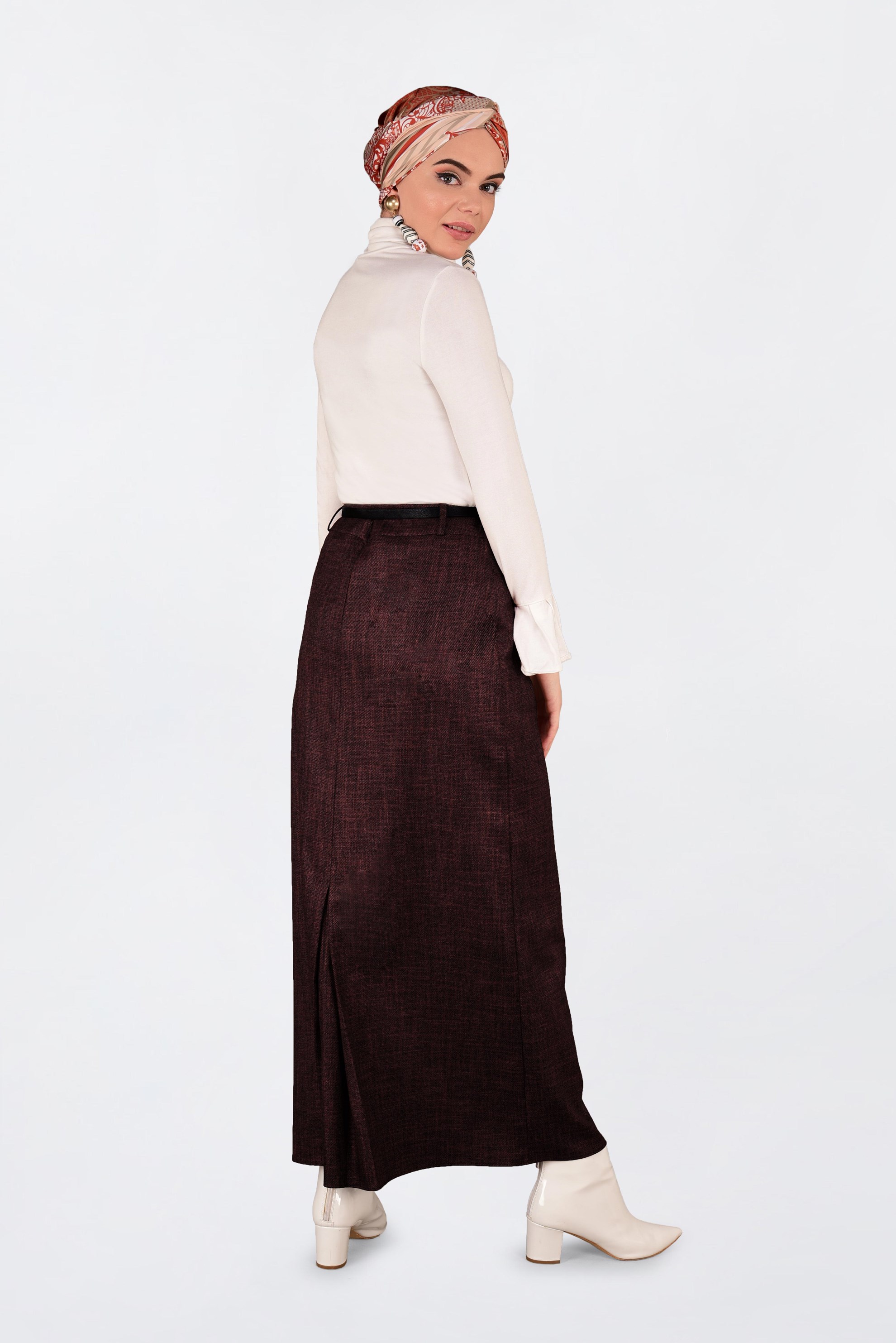 Tesettür giyim BORDO GİZLİ YIRTMAÇLI DÜZ ETEK 6255 