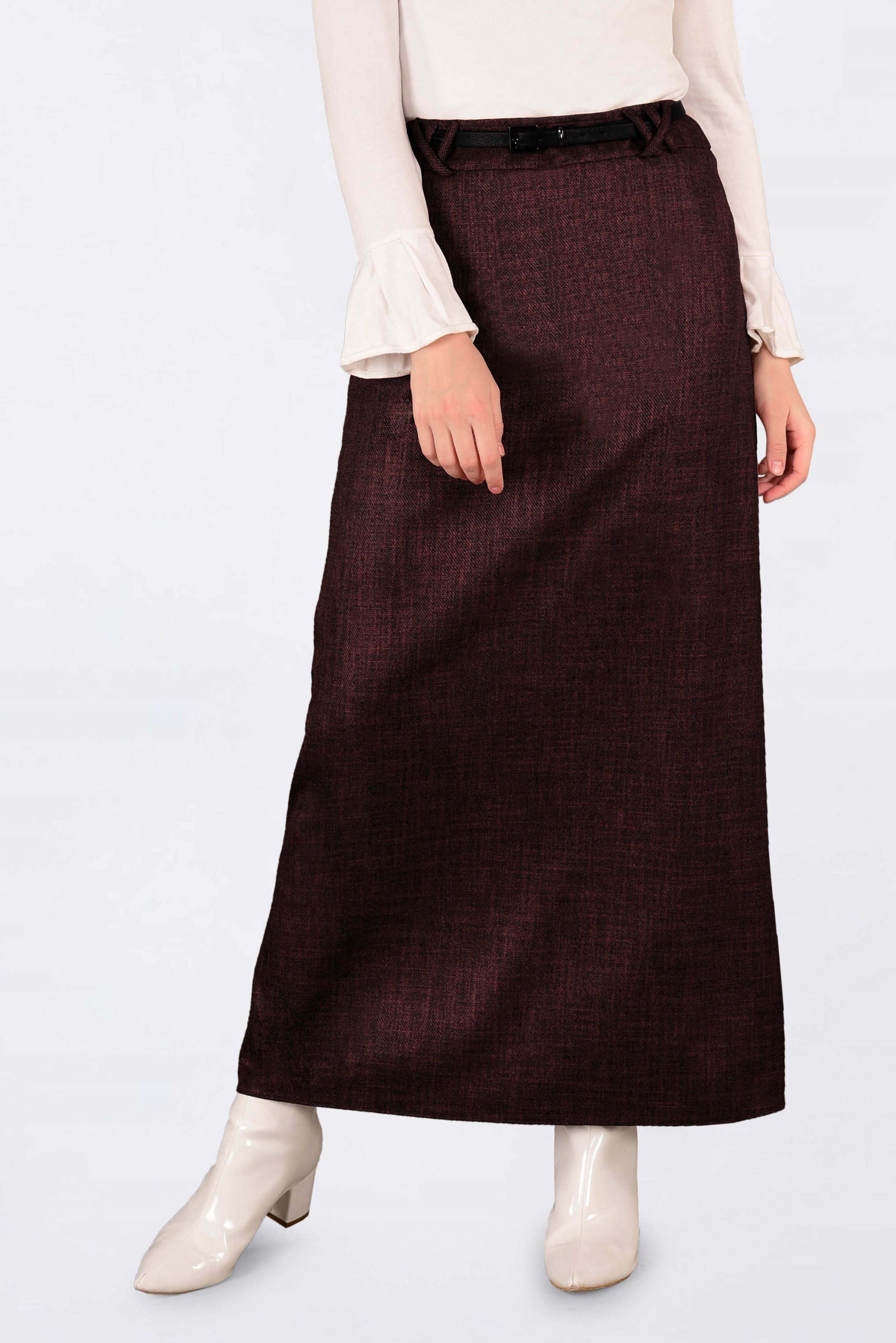 Tesettür giyim BORDO GİZLİ YIRTMAÇLI DÜZ ETEK 6255 