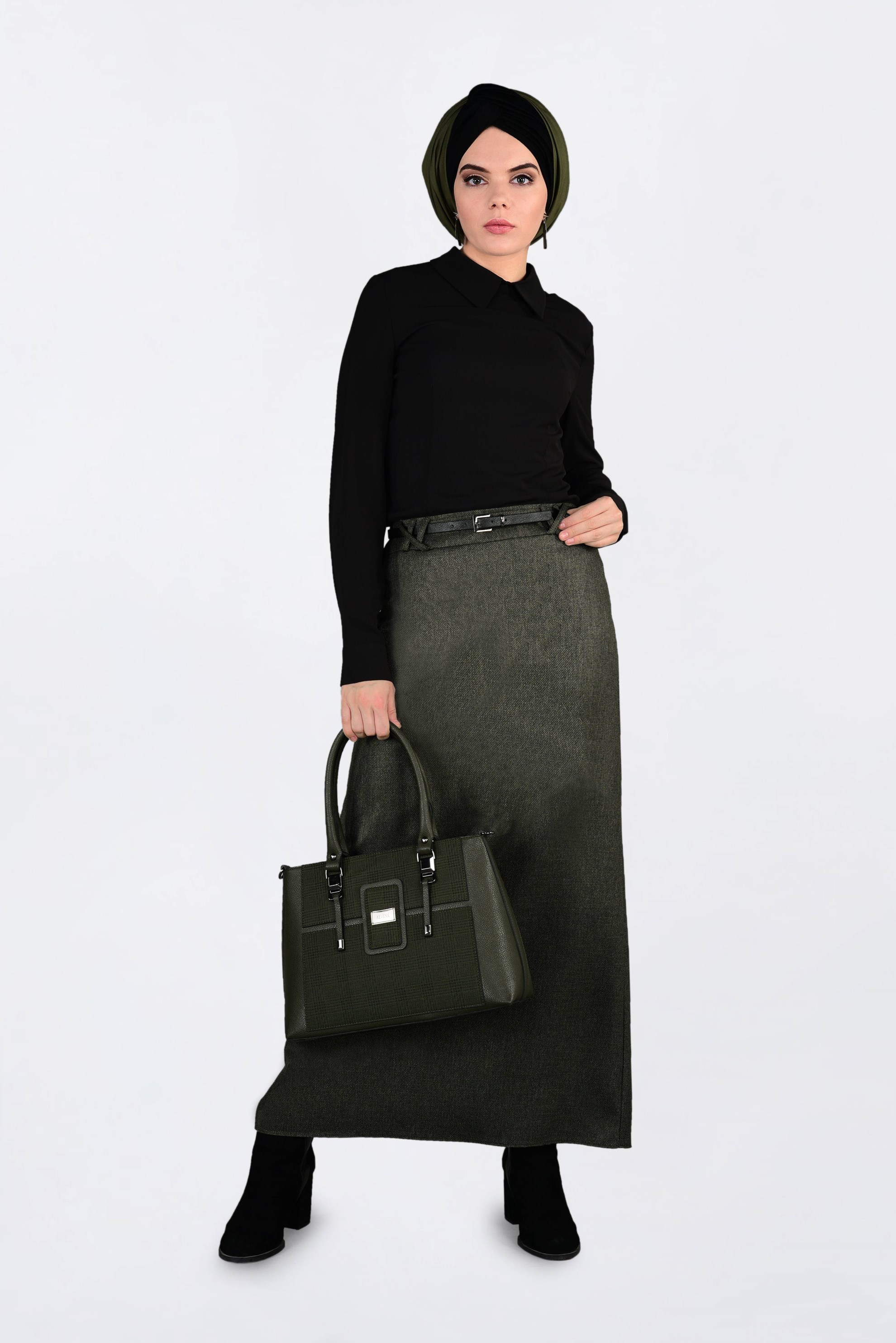 Tesettür giyim HAKİ GİZLİ YIRTMAÇLI DÜZ ETEK 6255 