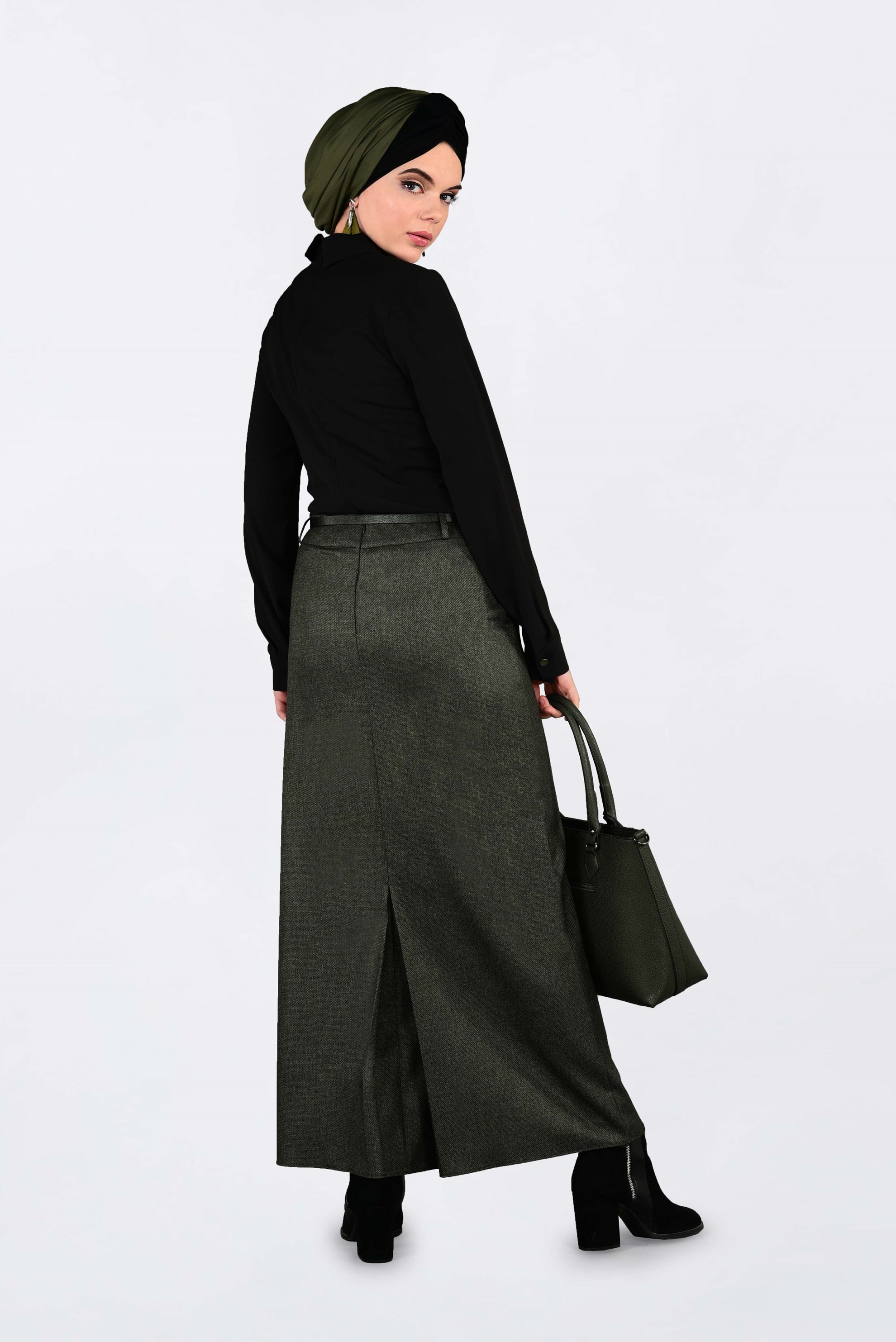 Tesettür giyim HAKİ GİZLİ YIRTMAÇLI DÜZ ETEK 6255 