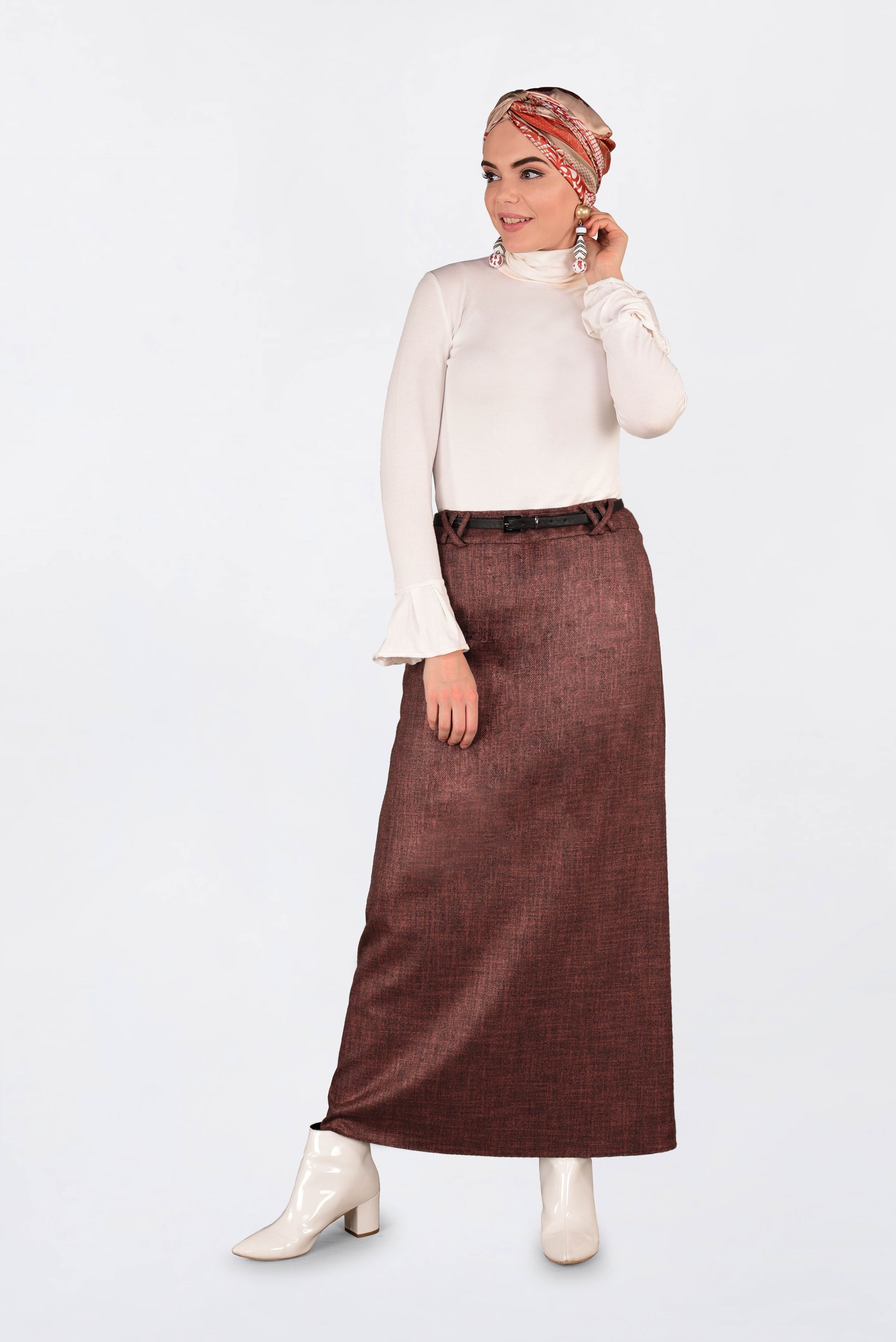 Tesettür giyim TURUNCU GİZLİ YIRTMAÇLI DÜZ ETEK 6255 