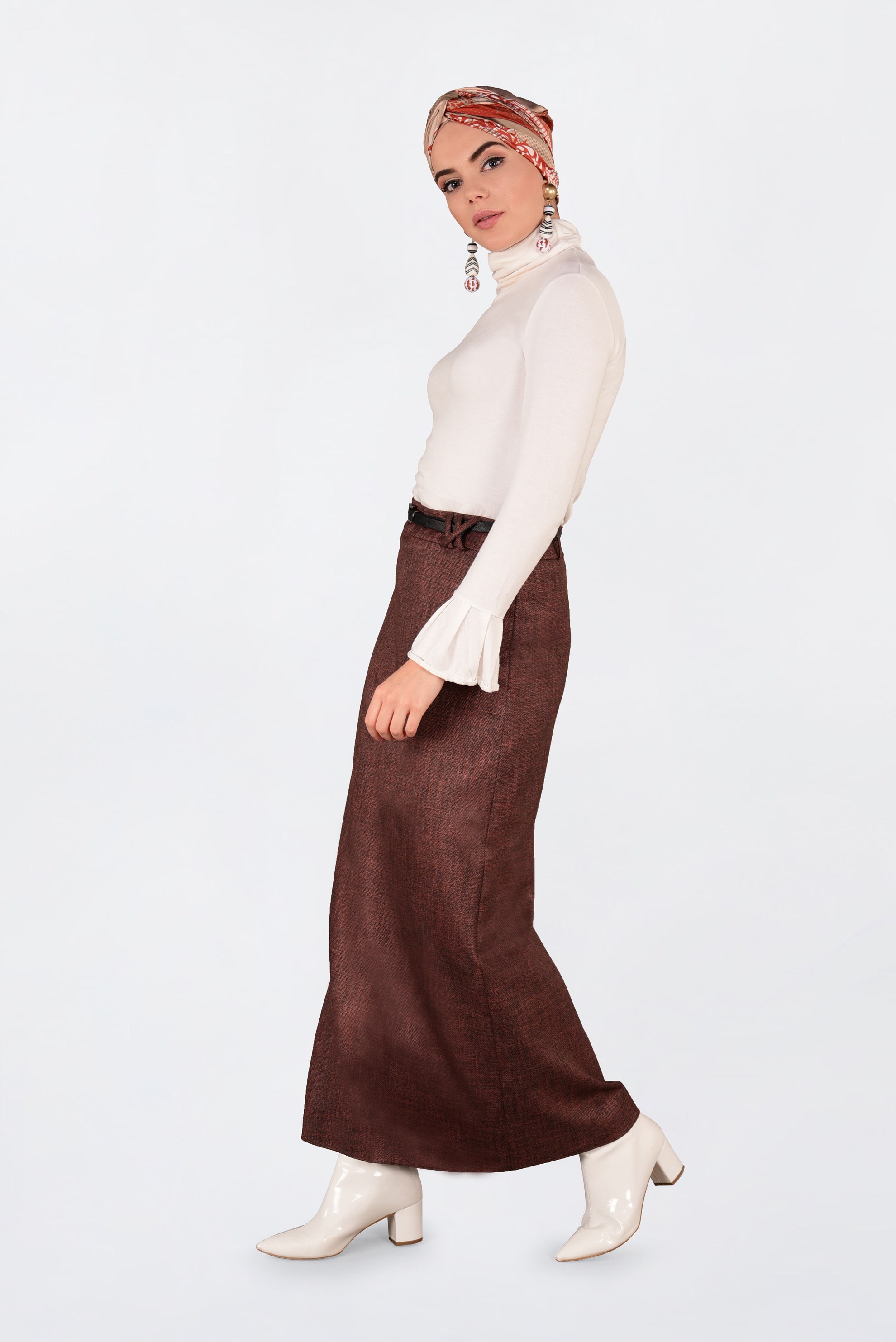 Tesettür giyim TURUNCU GİZLİ YIRTMAÇLI DÜZ ETEK 6255 