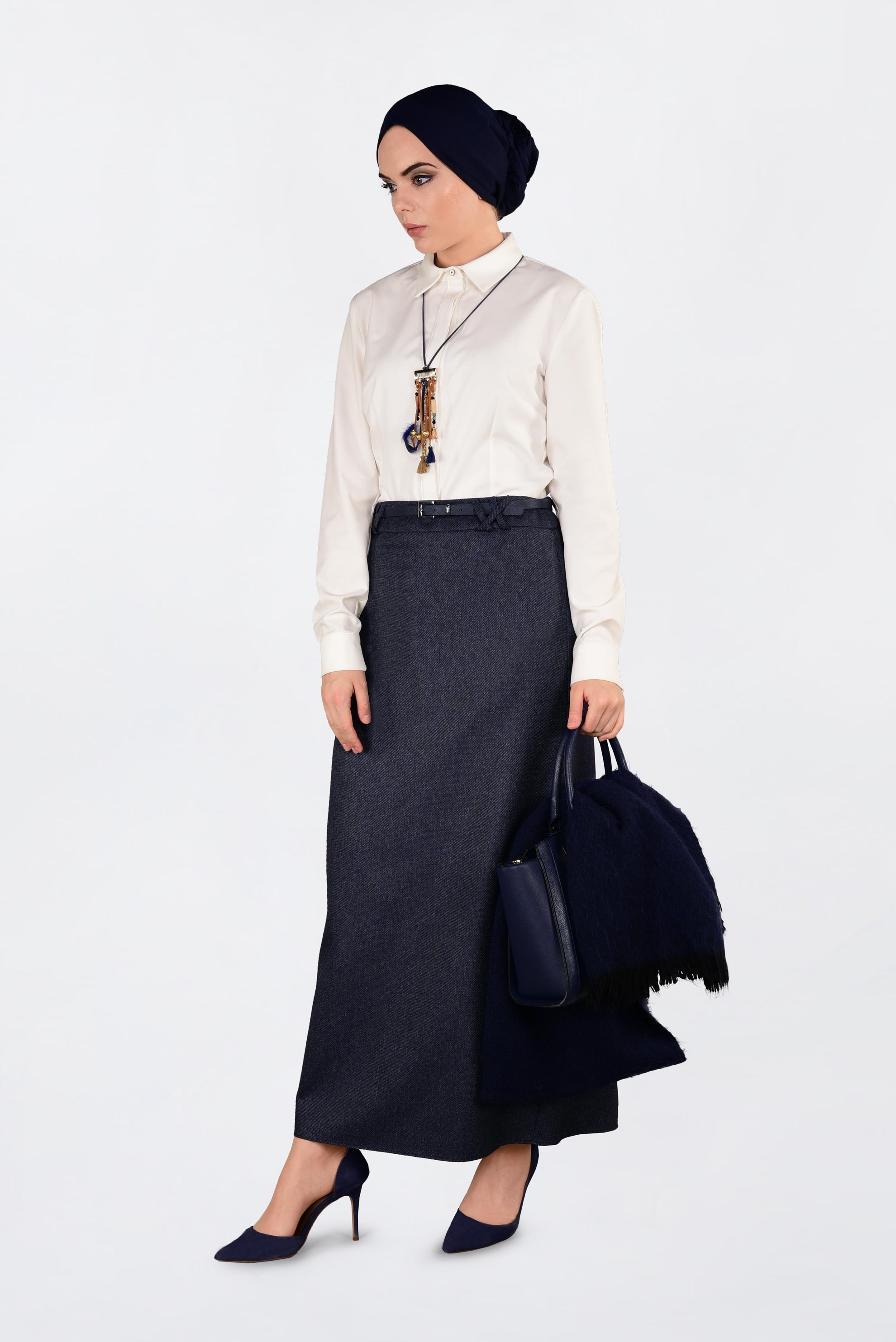 Tesettür giyim LACİVERT GİZLİ YIRTMAÇLI DÜZ ETEK 6255 