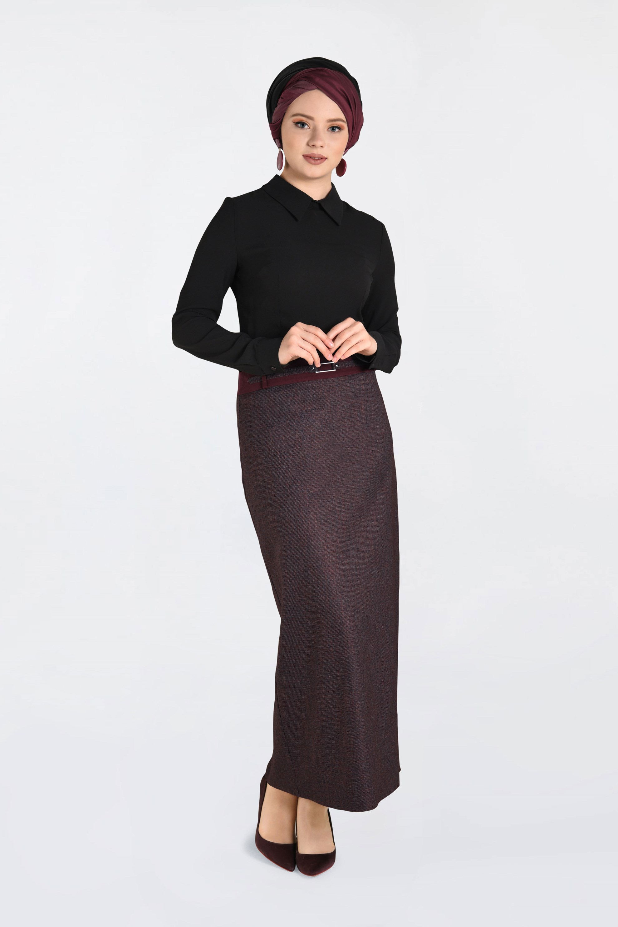 Tesettür giyim BORDO JAKARLI KALEM ETEK 6256