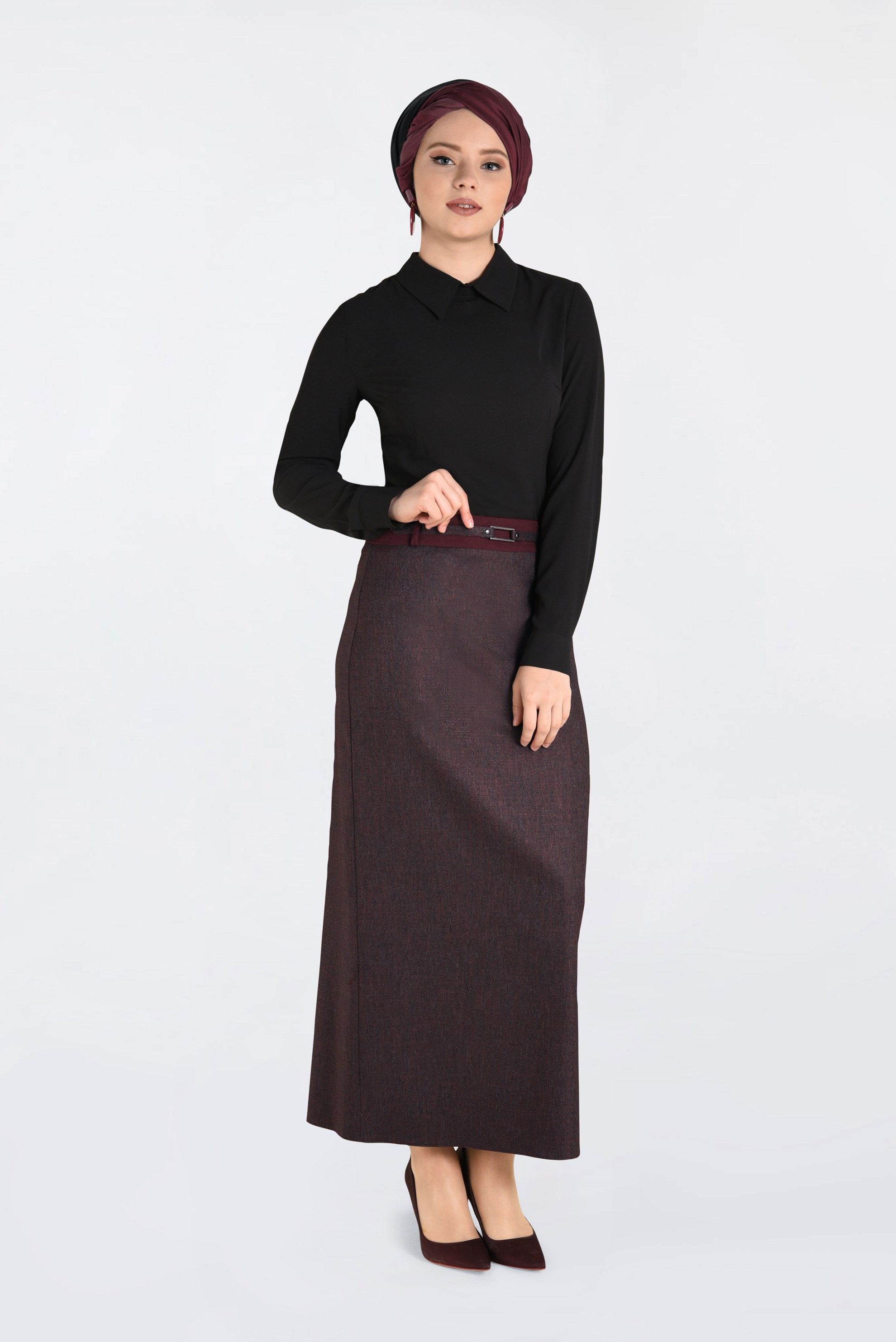 Tesettür giyim BORDO JAKARLI KALEM ETEK 6256