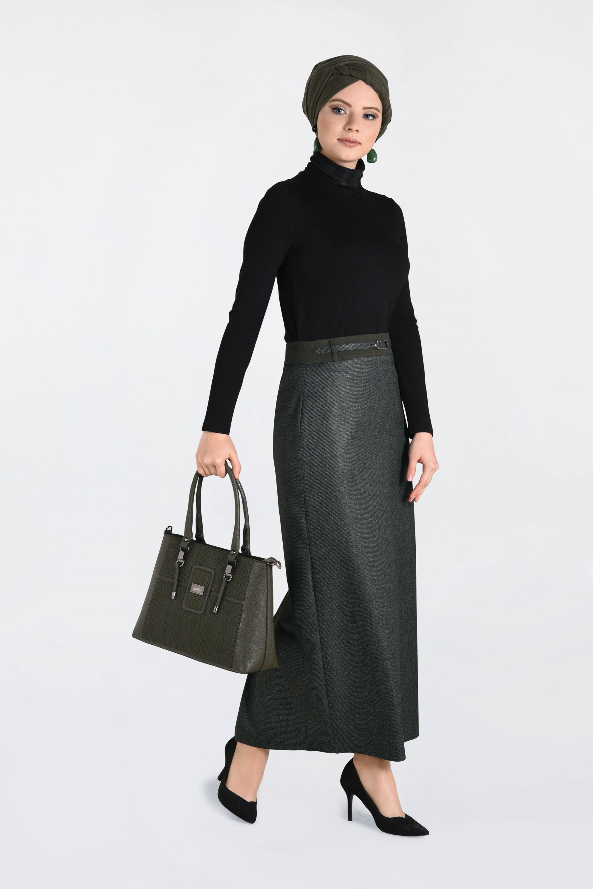 Tesettür giyim HAKİ JAKARLI KALEM ETEK 6256