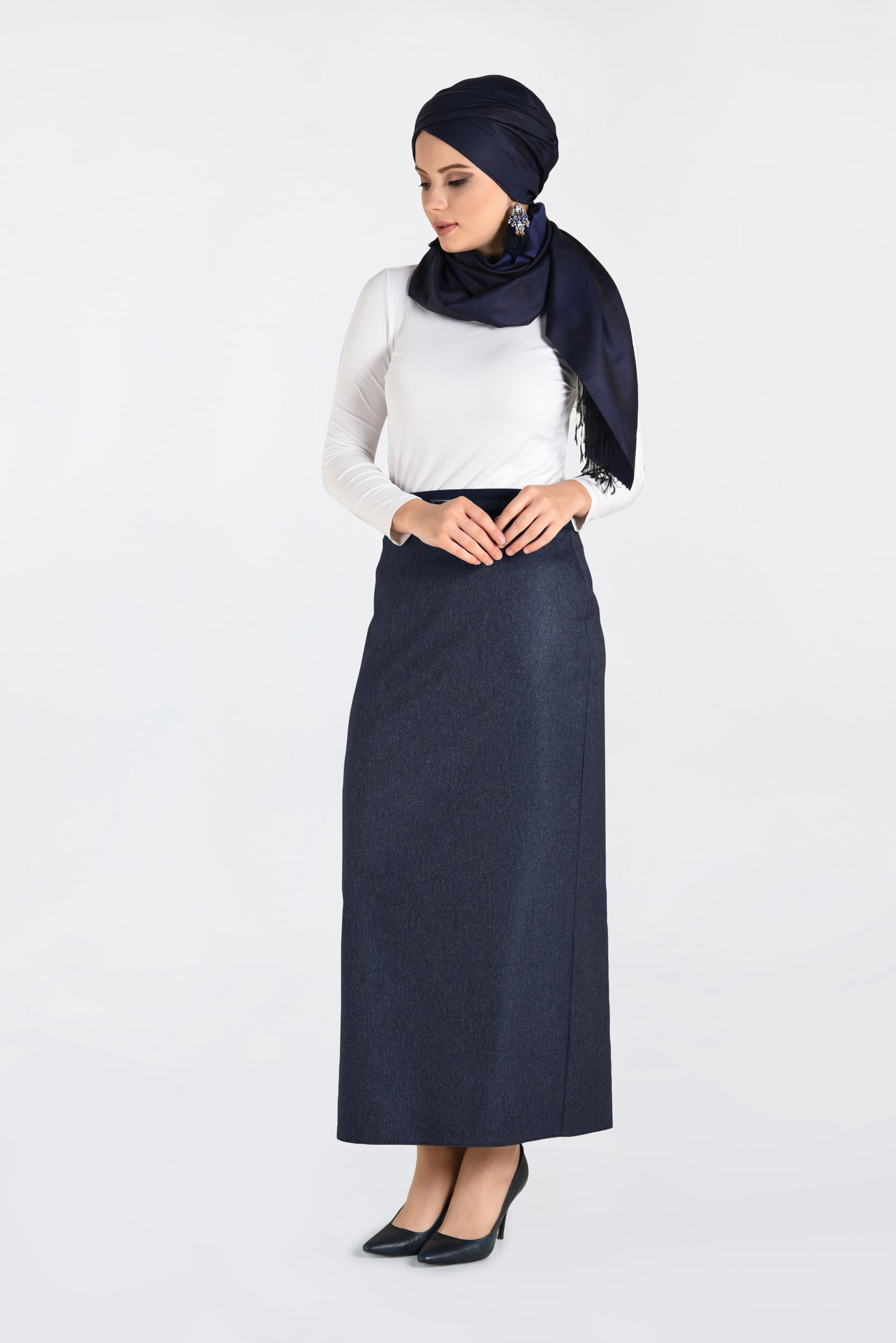 Tesettür giyim LACİVERT JAKARLI KALEM ETEK 6256