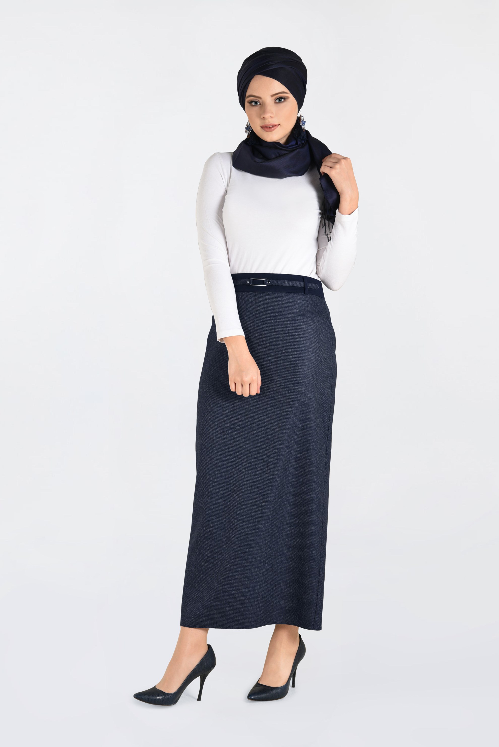 Tesettür giyim LACİVERT JAKARLI KALEM ETEK 6256