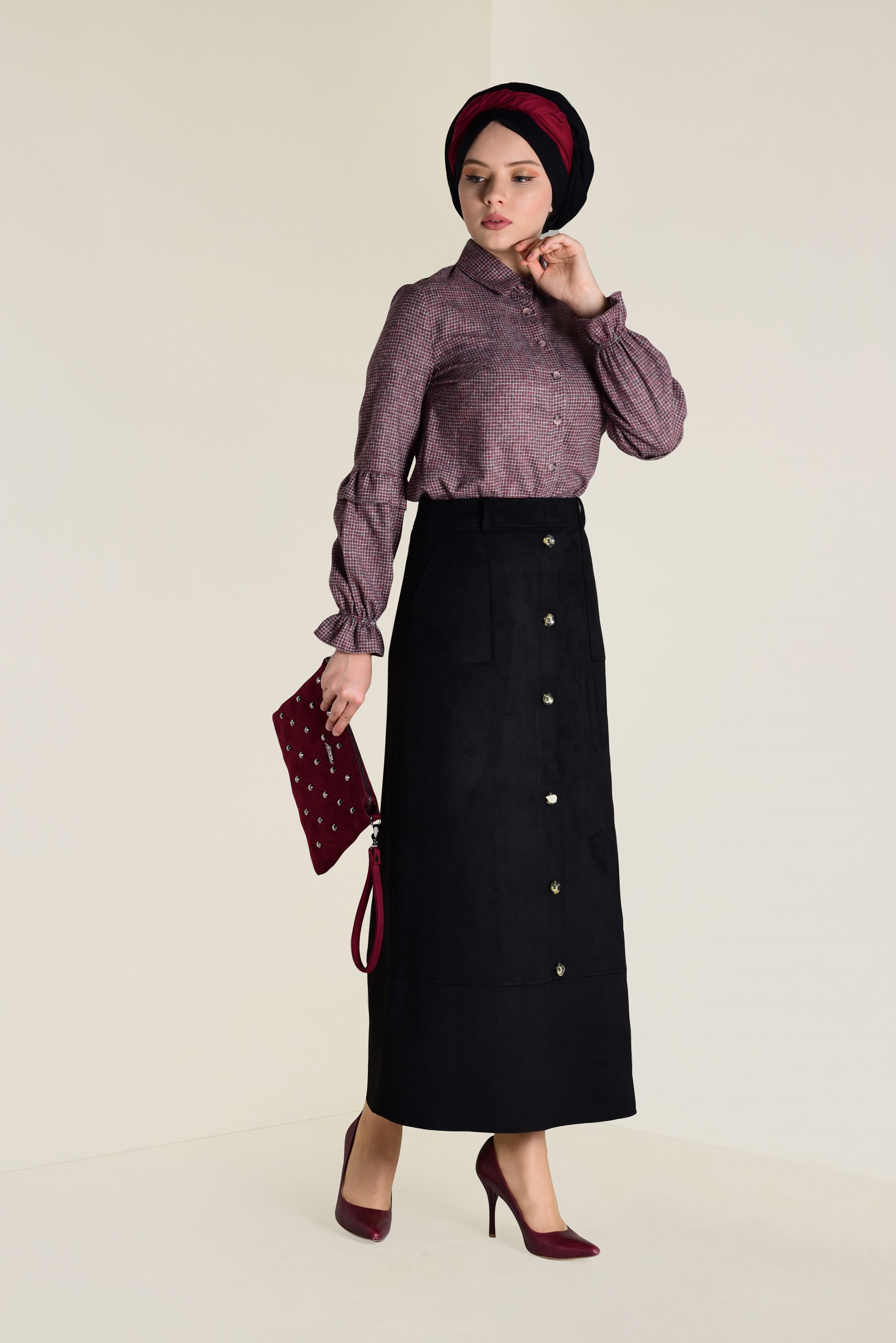 Tesettür giyim SİYAH YÜKSEL BEL SÜET ETEK 6257