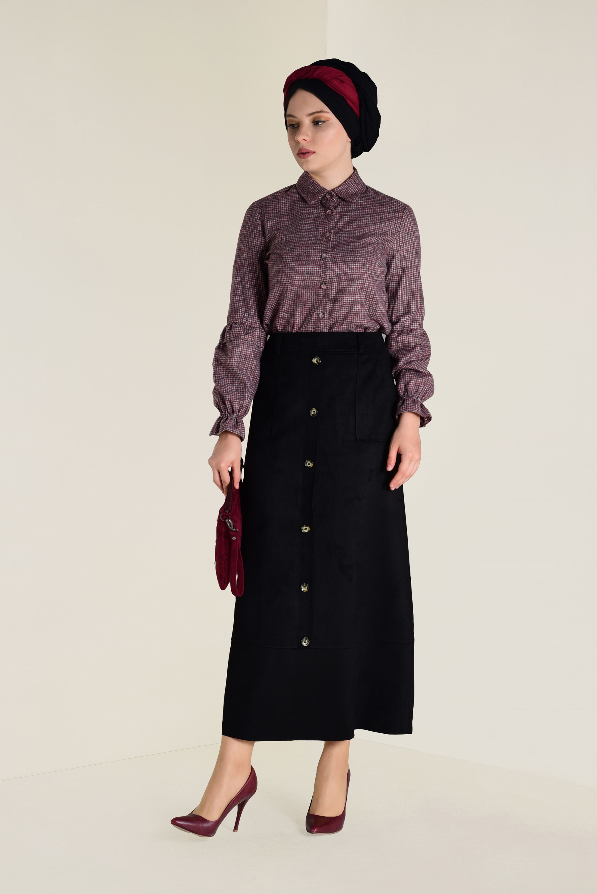 Tesettür giyim SİYAH YÜKSEL BEL SÜET ETEK 6257