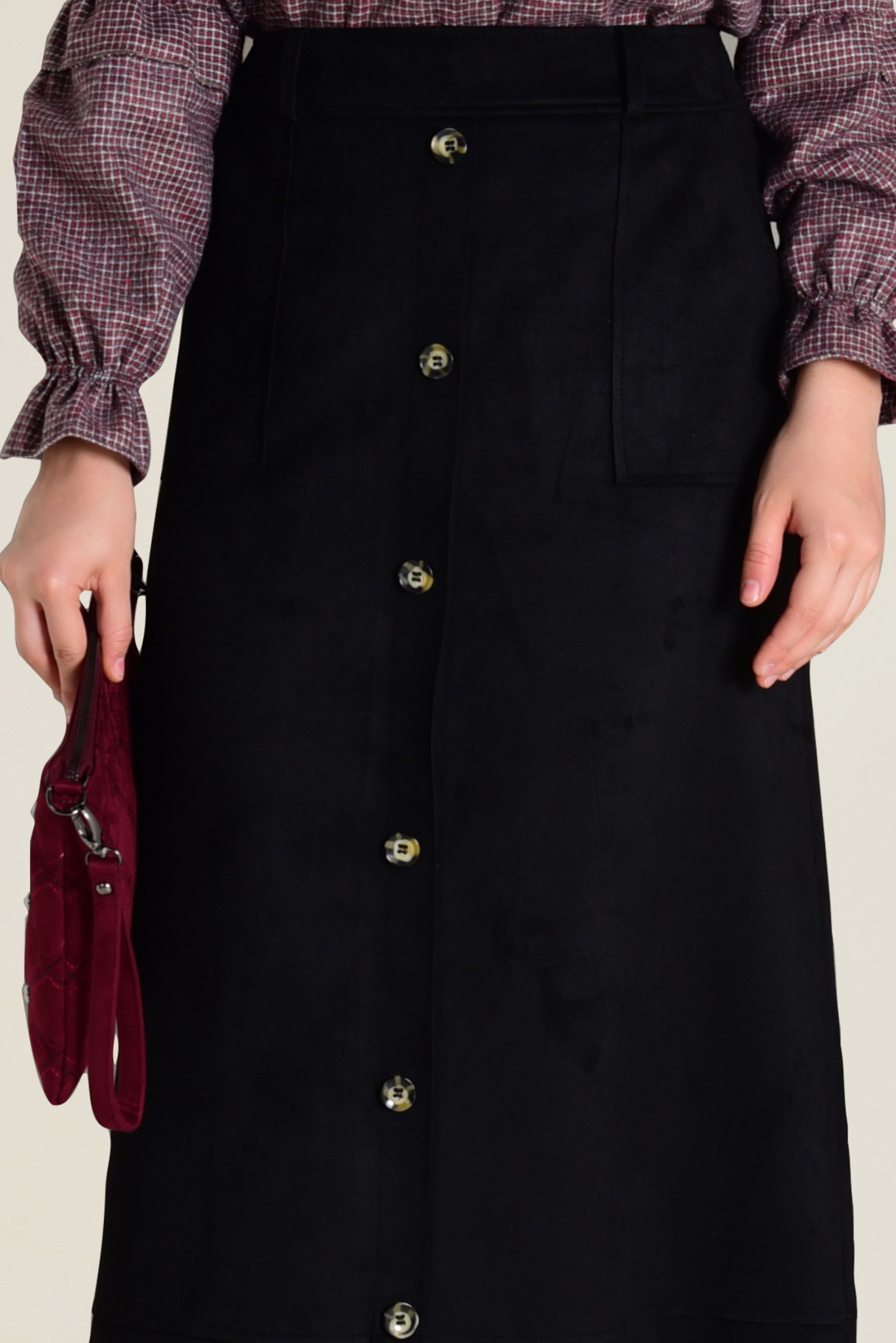 Tesettür giyim SİYAH YÜKSEL BEL SÜET ETEK 6257