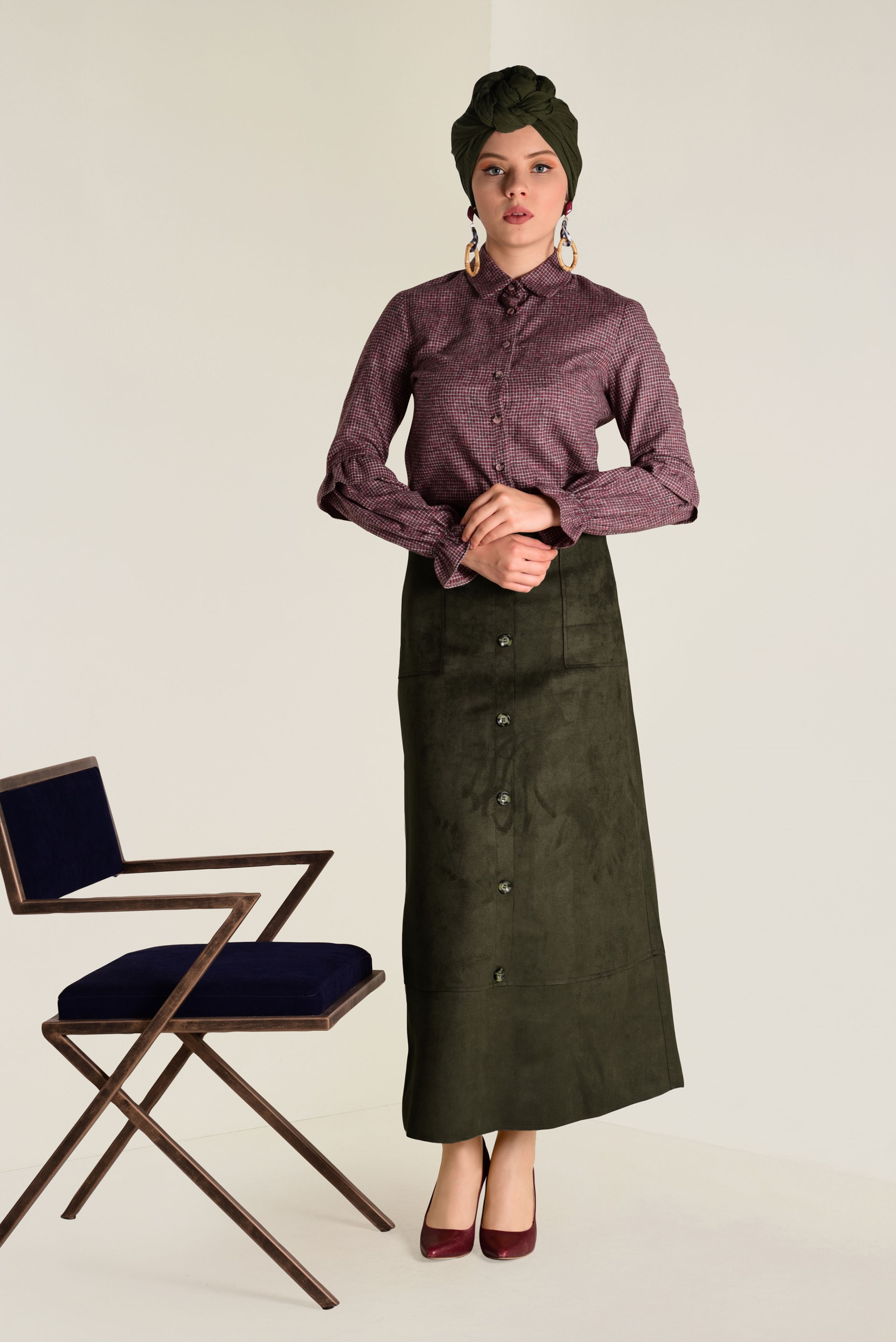 Tesettür giyim HAKİ YÜKSEL BEL SÜET ETEK 6257