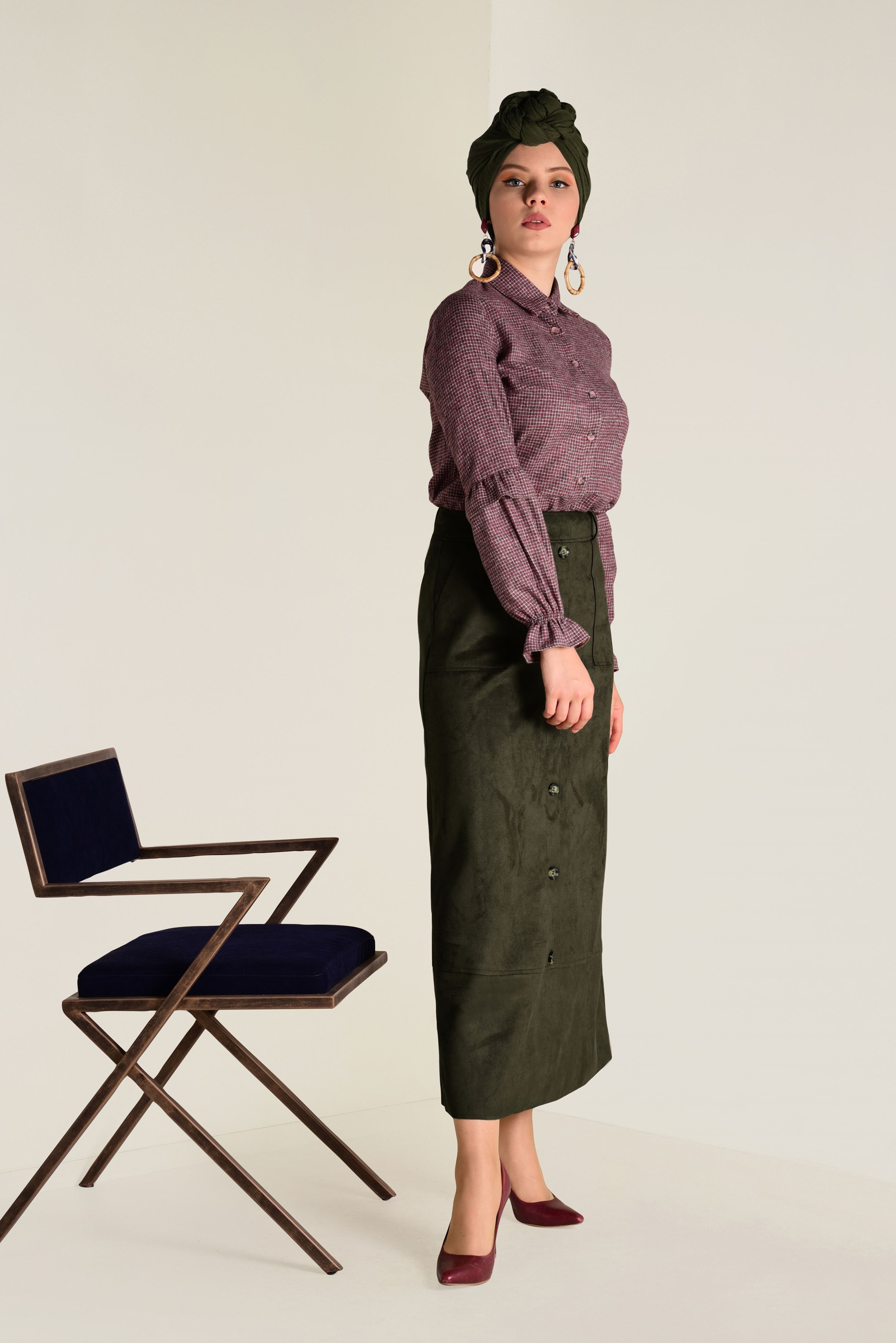 Tesettür giyim HAKİ YÜKSEL BEL SÜET ETEK 6257