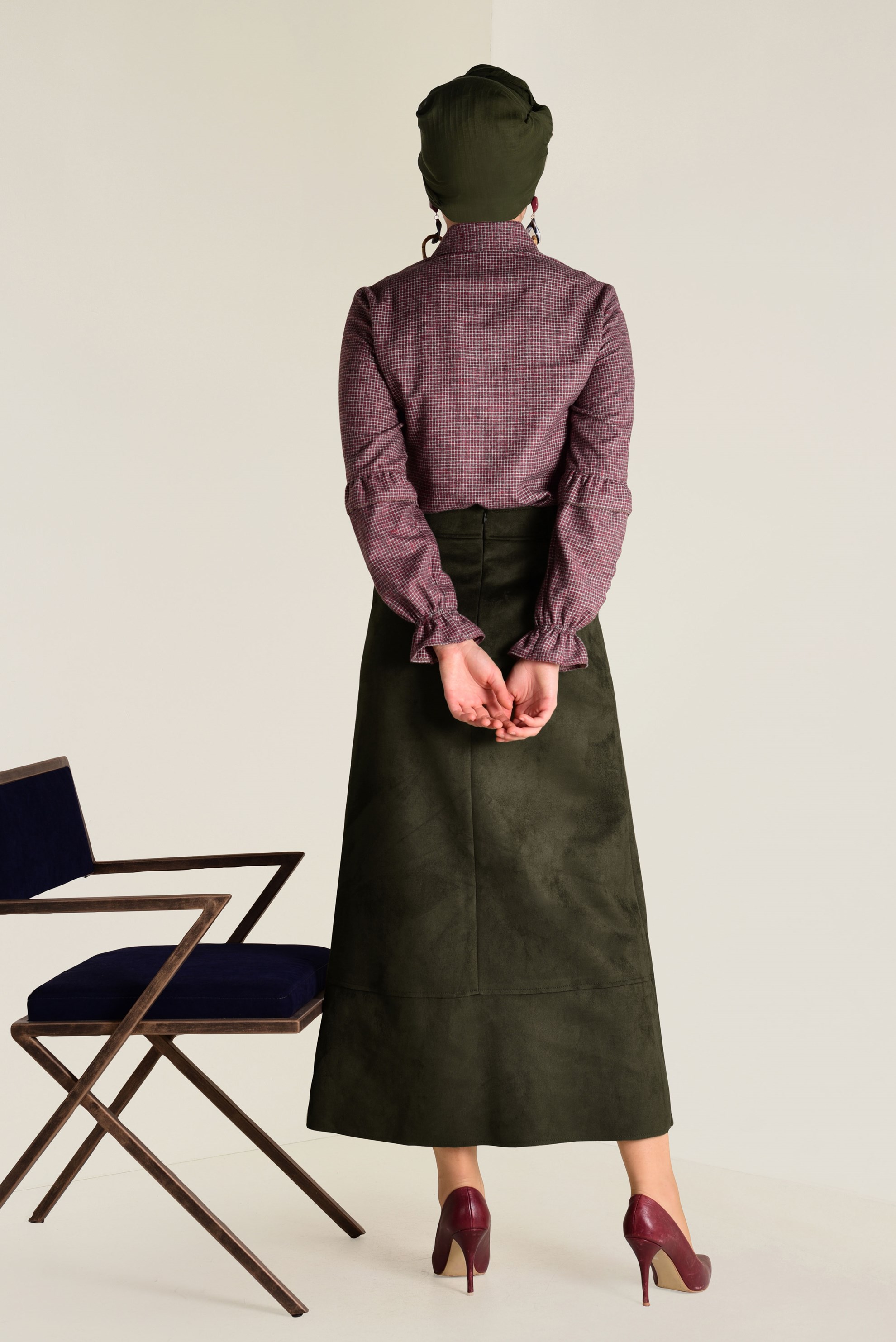 Tesettür giyim HAKİ YÜKSEL BEL SÜET ETEK 6257