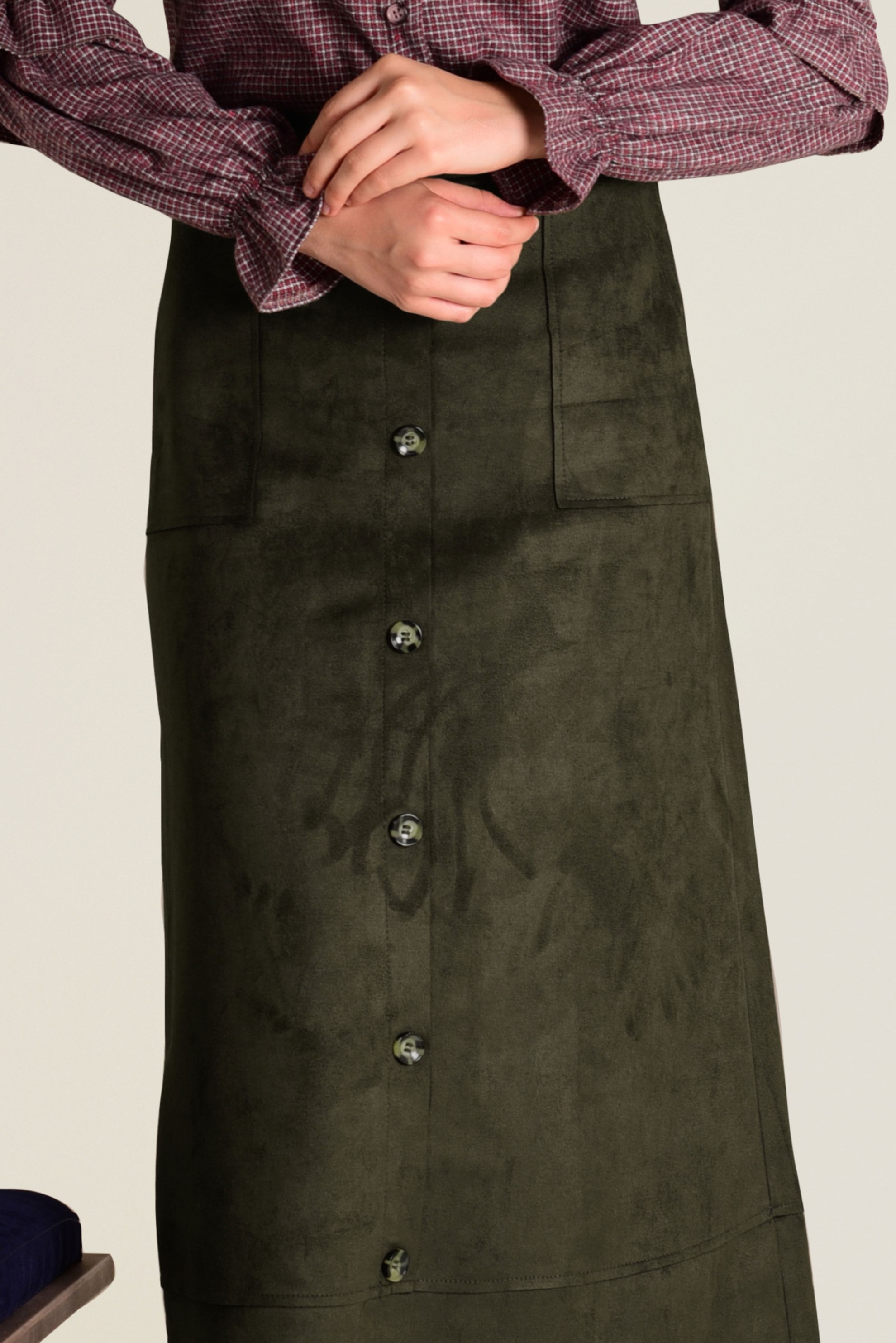 Tesettür giyim HAKİ YÜKSEL BEL SÜET ETEK 6257