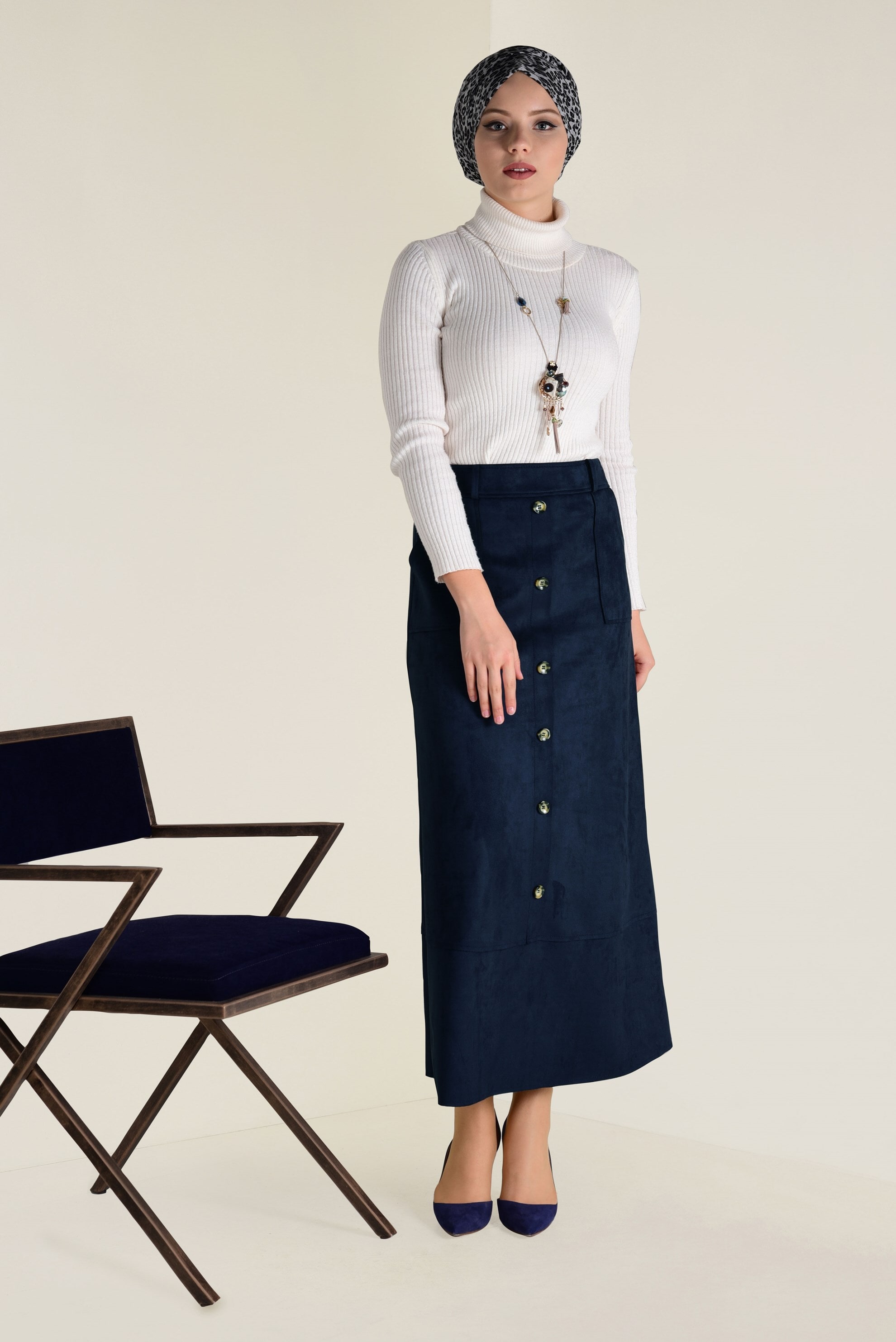 Tesettür giyim LACİVERT YÜKSEL BEL SÜET ETEK 6257