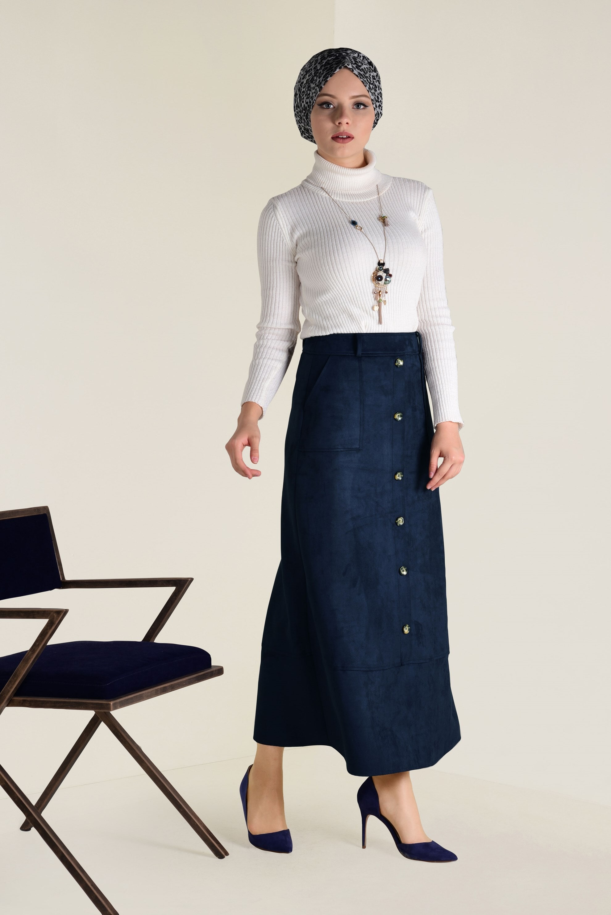 Tesettür giyim LACİVERT YÜKSEL BEL SÜET ETEK 6257