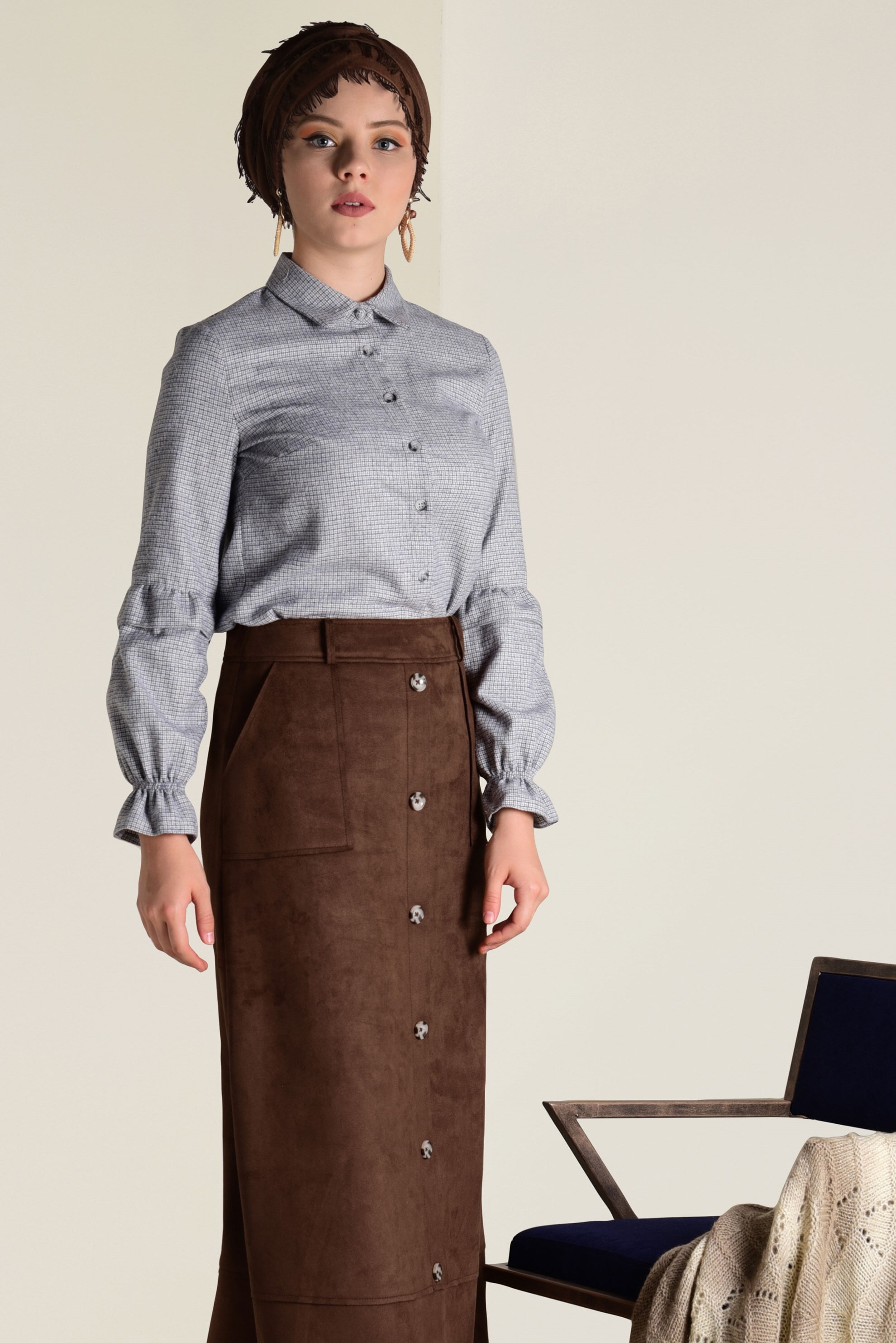 Tesettür giyim KAHVE YÜKSEL BEL SÜET ETEK 6257