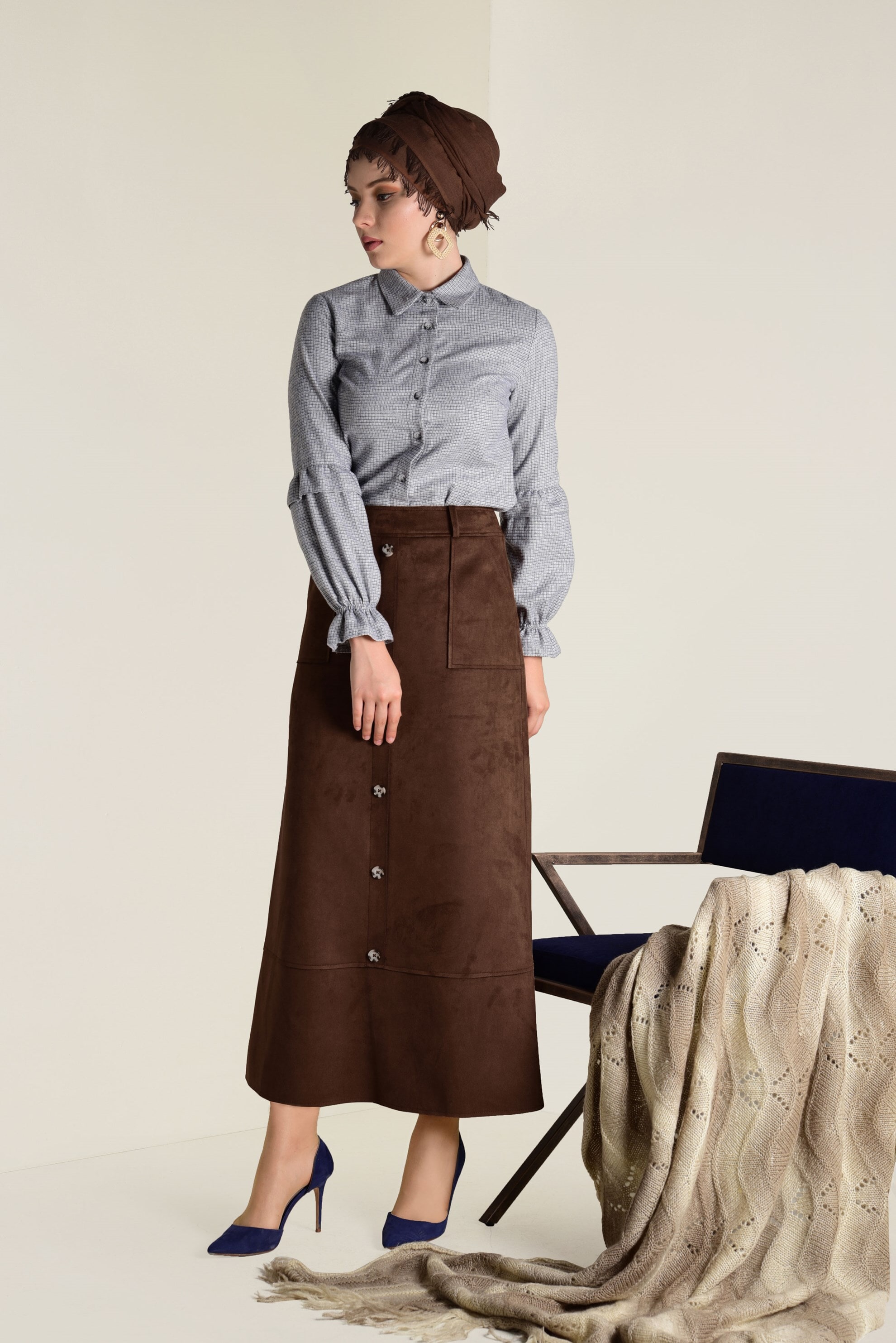 Tesettür giyim KAHVE YÜKSEL BEL SÜET ETEK 6257