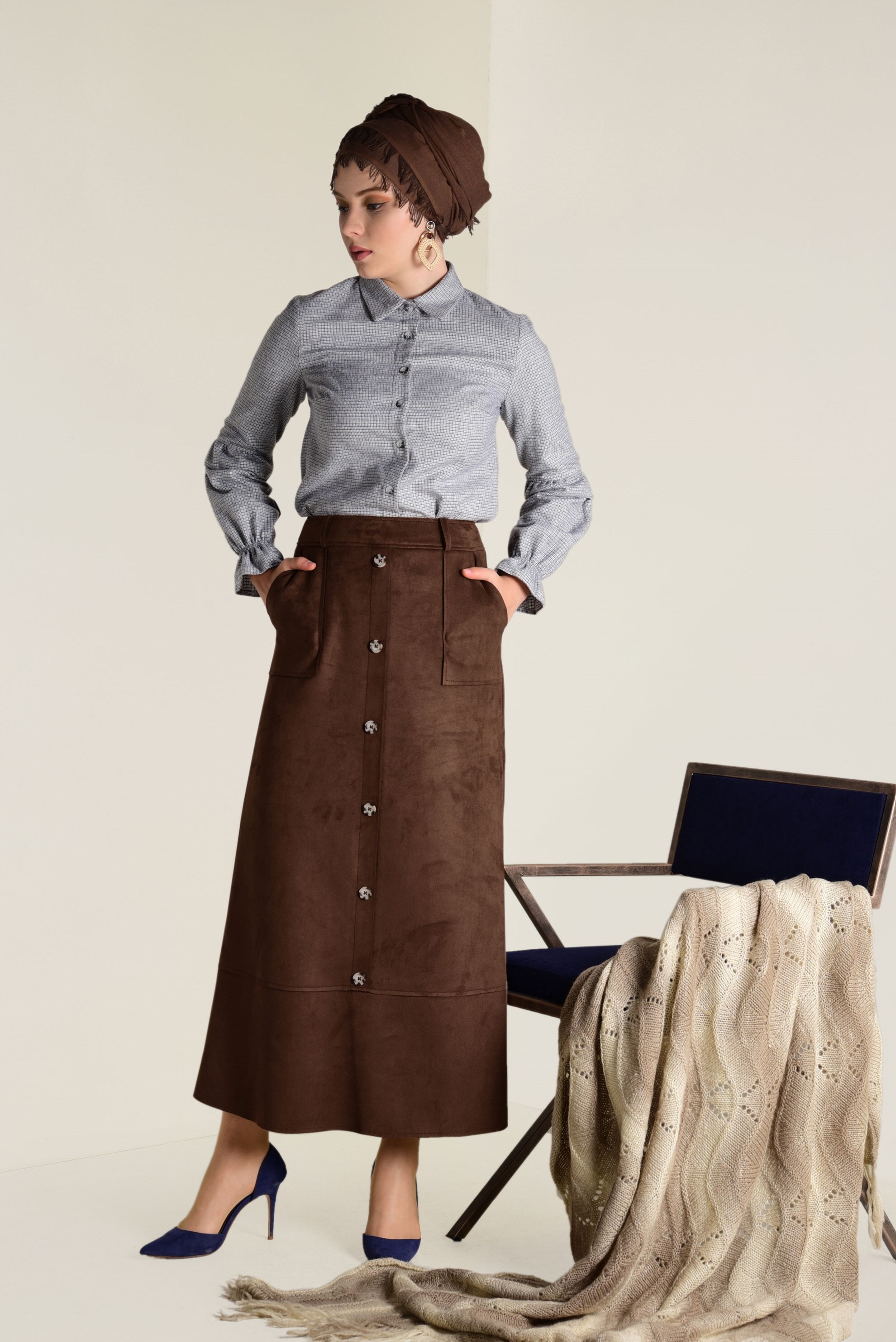 Tesettür giyim KAHVE YÜKSEL BEL SÜET ETEK 6257