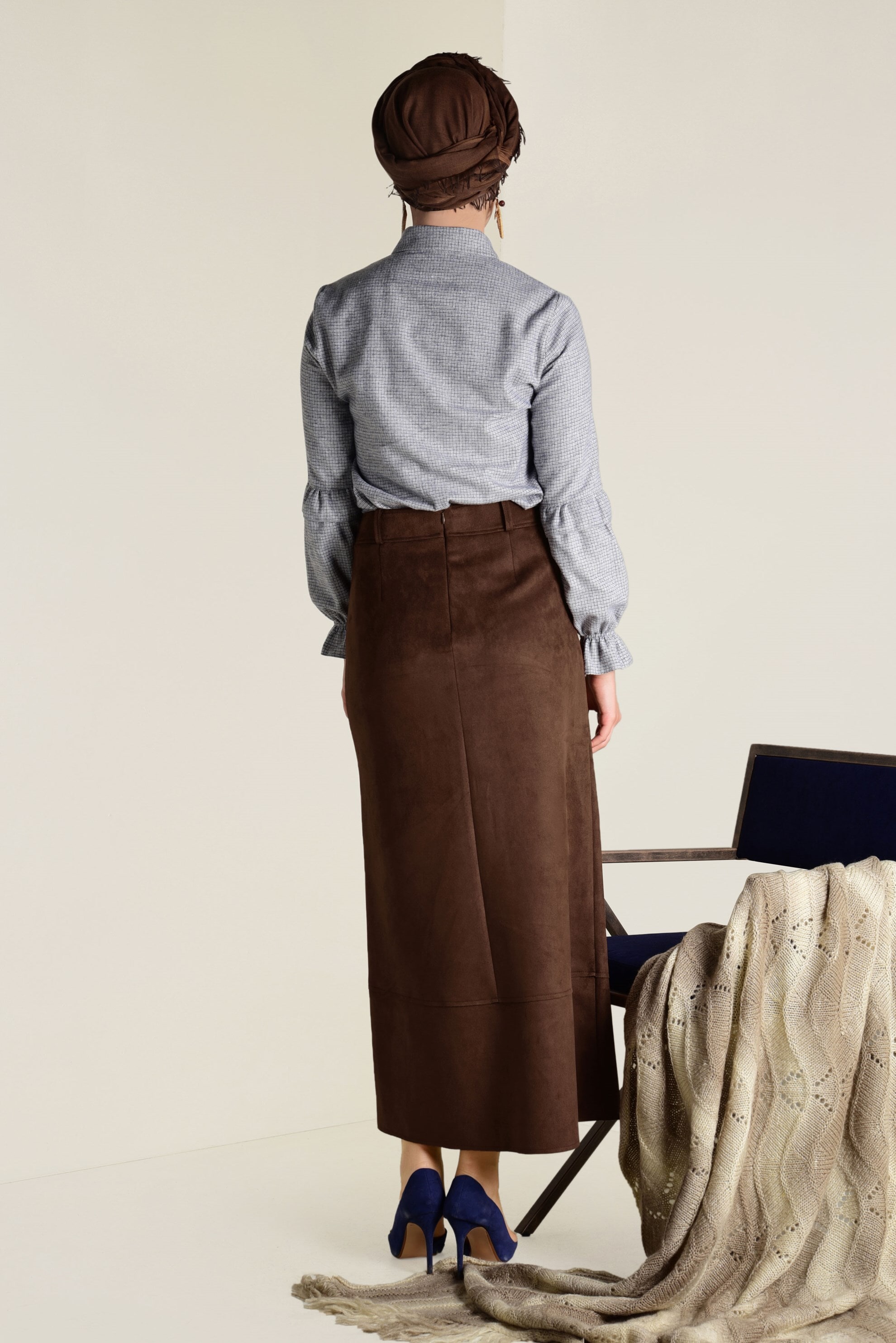 Tesettür giyim KAHVE YÜKSEL BEL SÜET ETEK 6257