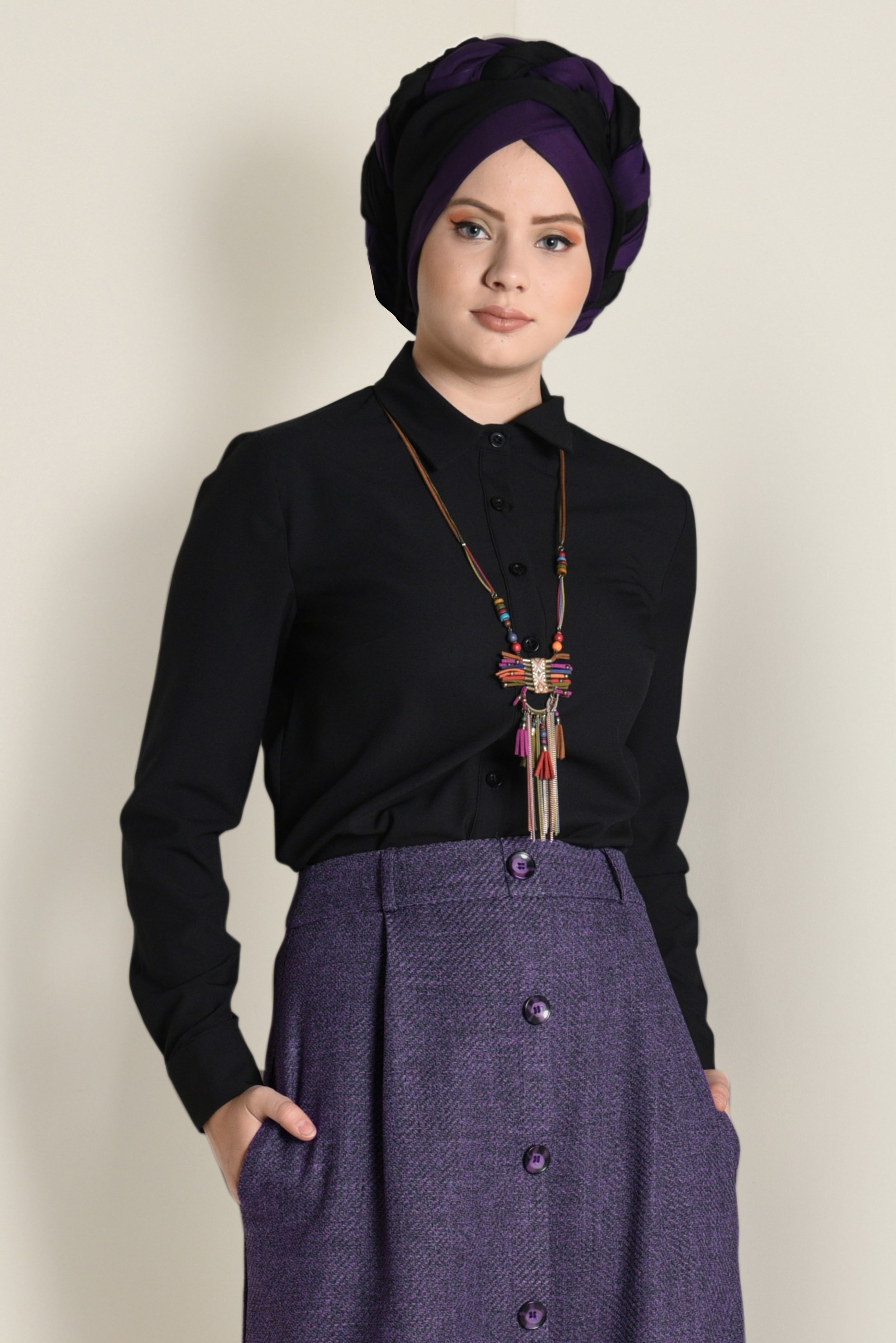 Tesettür giyim MOR YÜKSEK BEL DÜĞMELİ ETEK 6258