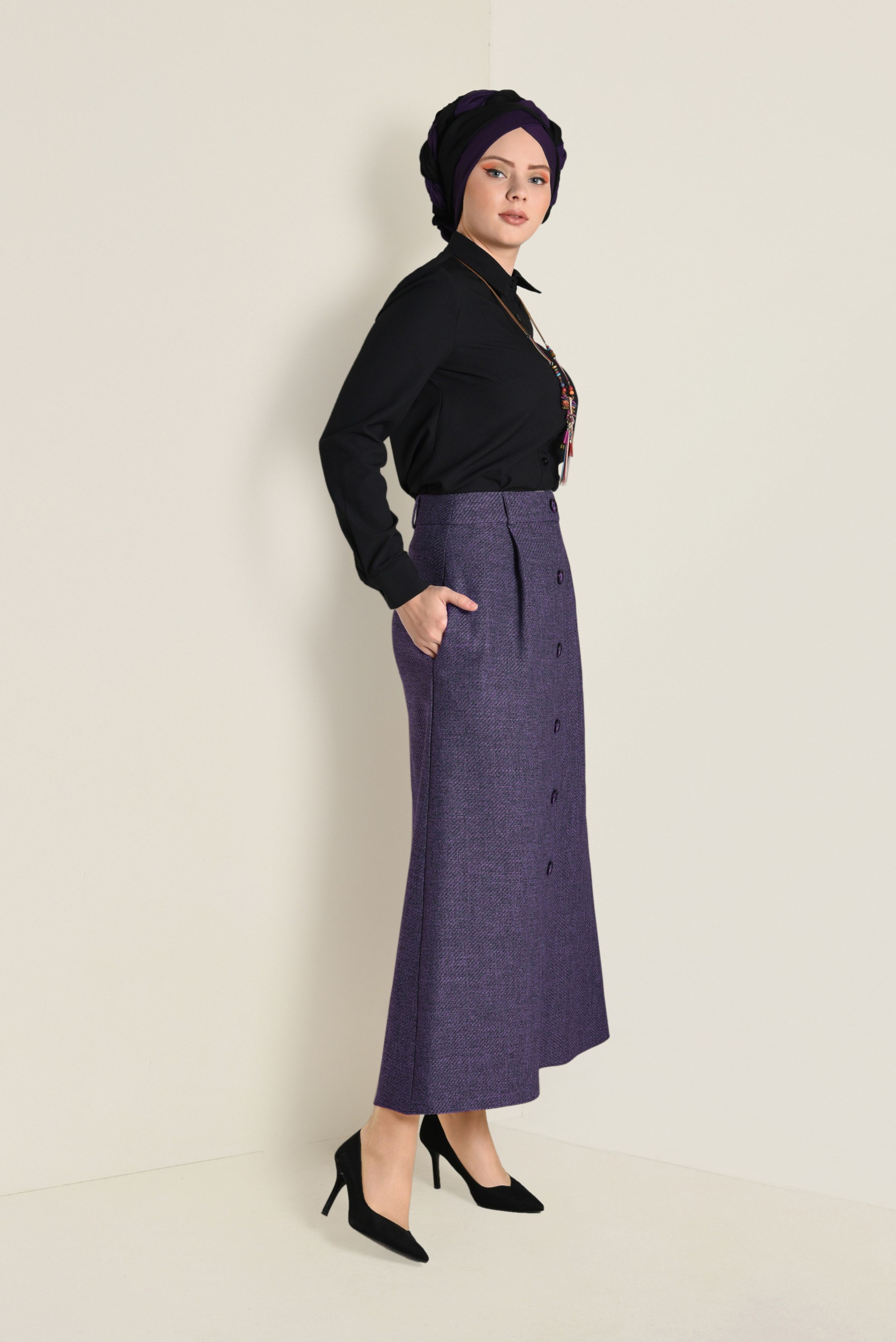 Tesettür giyim MOR YÜKSEK BEL DÜĞMELİ ETEK 6258