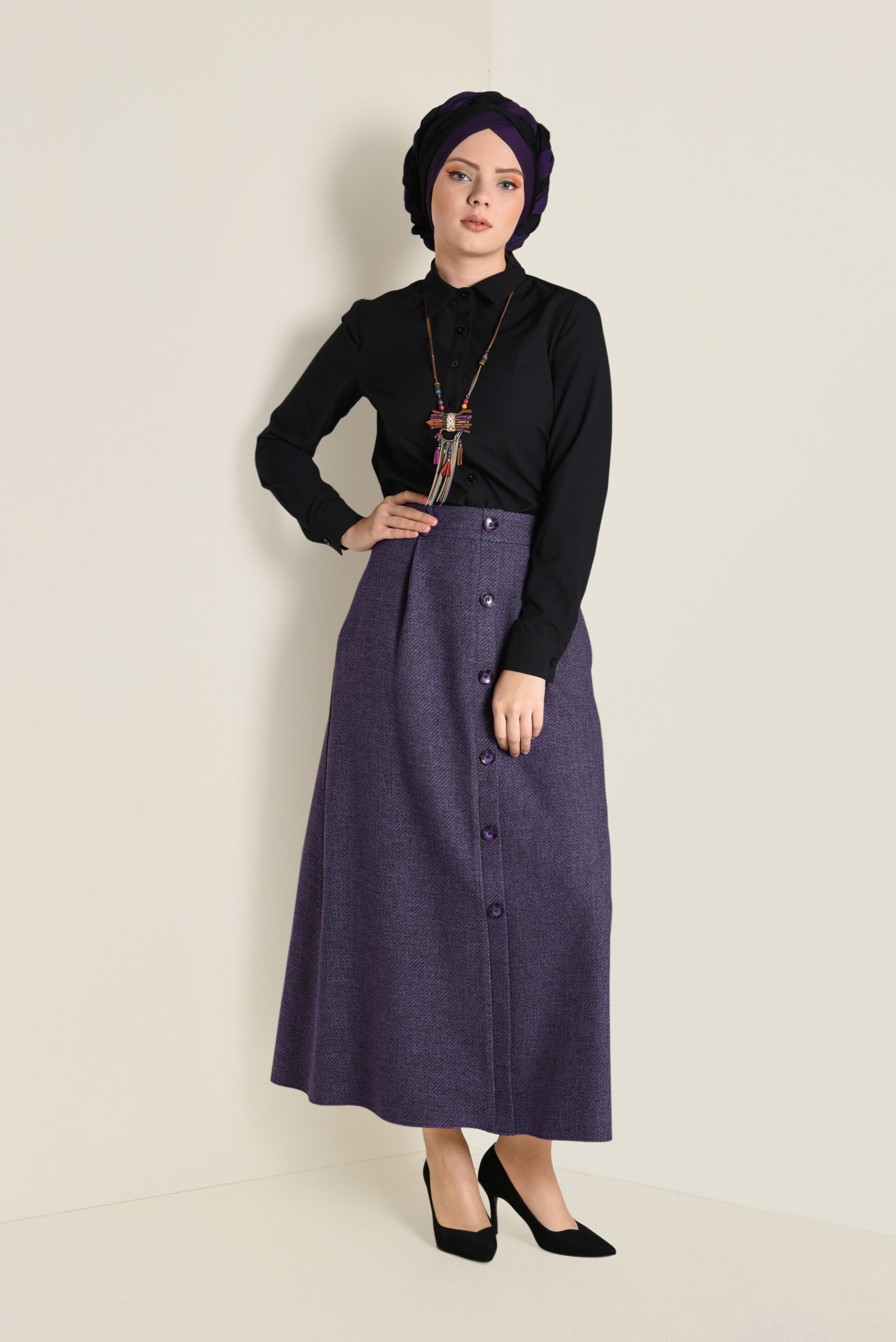 Tesettür giyim MOR YÜKSEK BEL DÜĞMELİ ETEK 6258