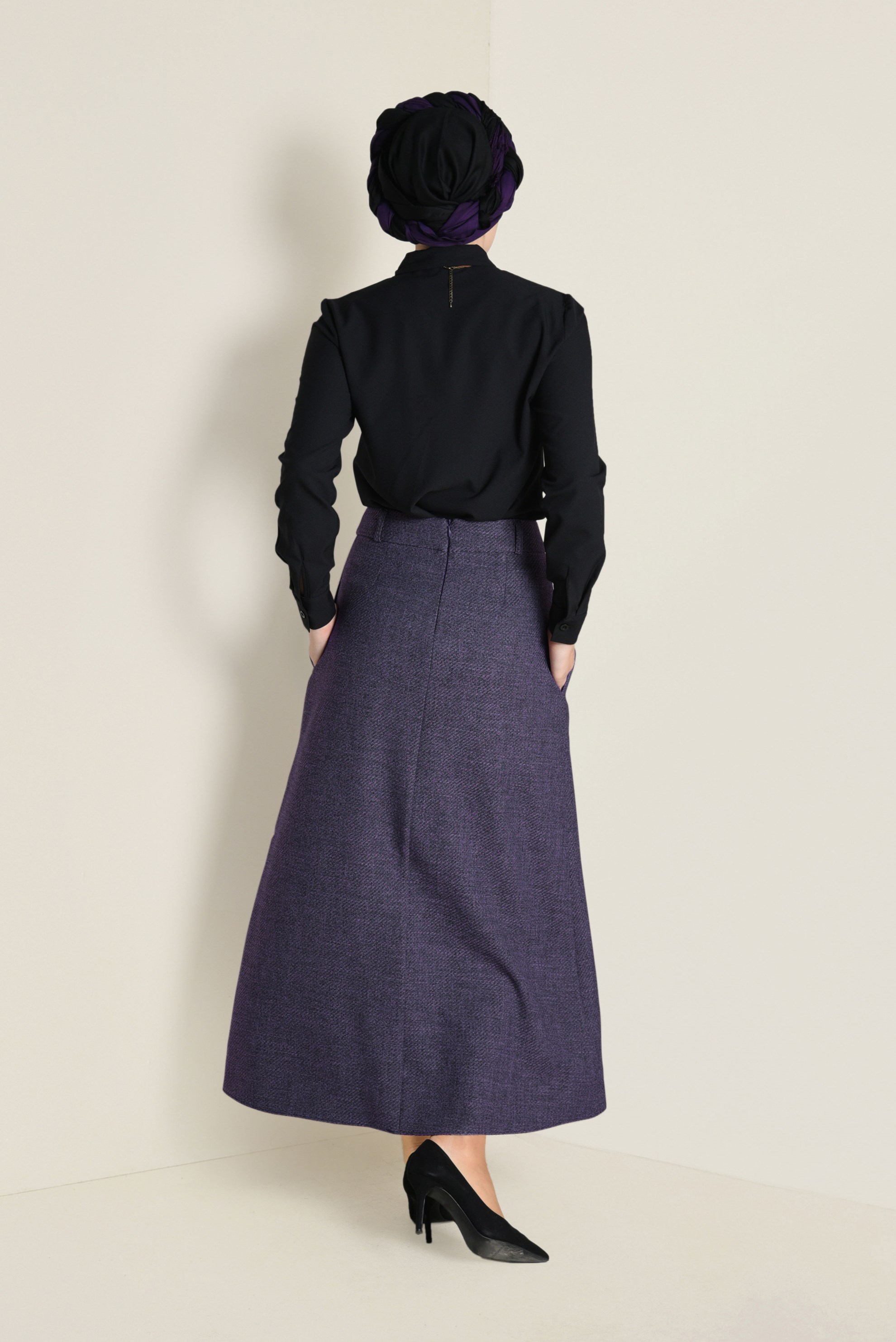 Tesettür giyim MOR YÜKSEK BEL DÜĞMELİ ETEK 6258