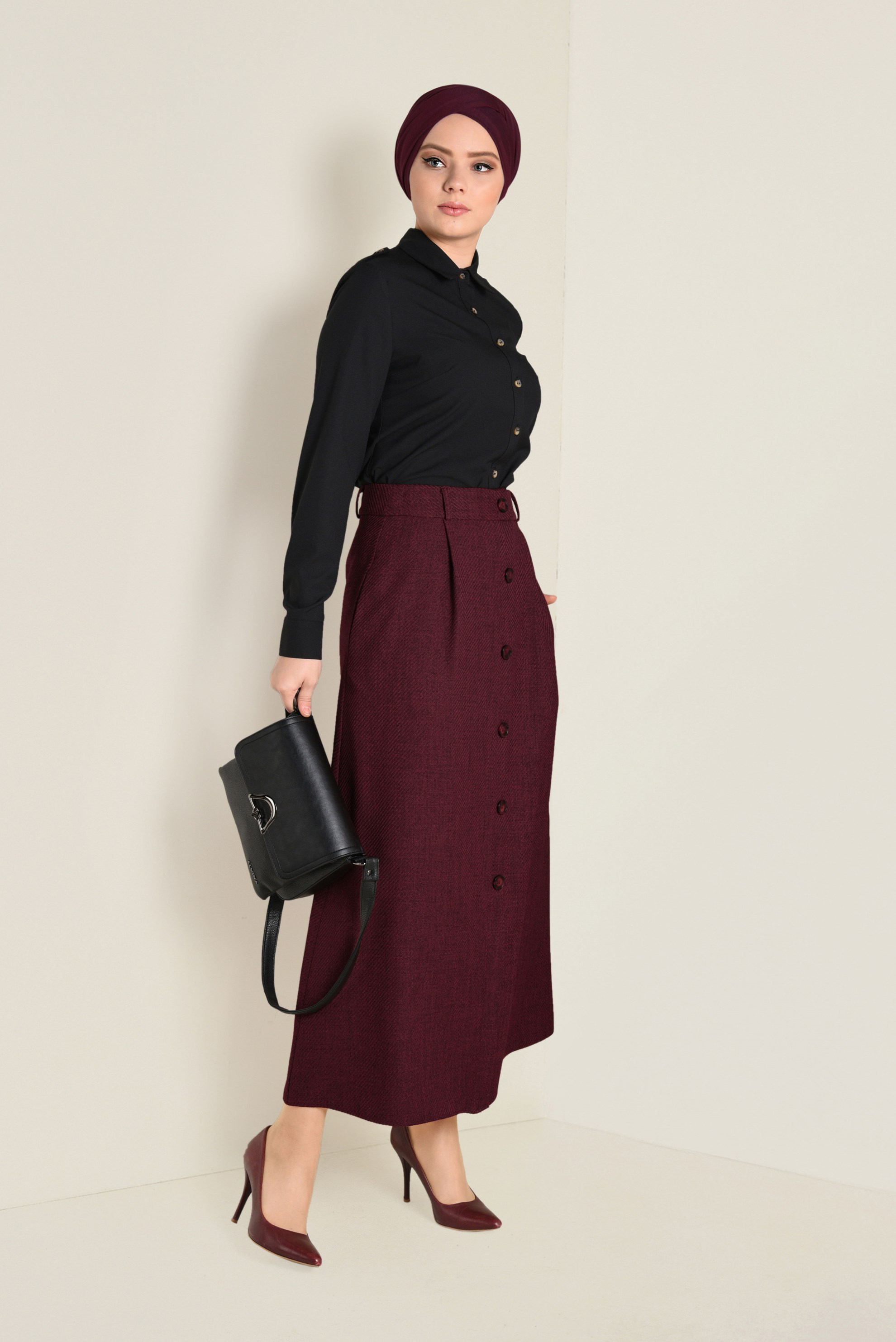 Tesettür giyim BORDO YÜKSEK BEL DÜĞMELİ ETEK 6258