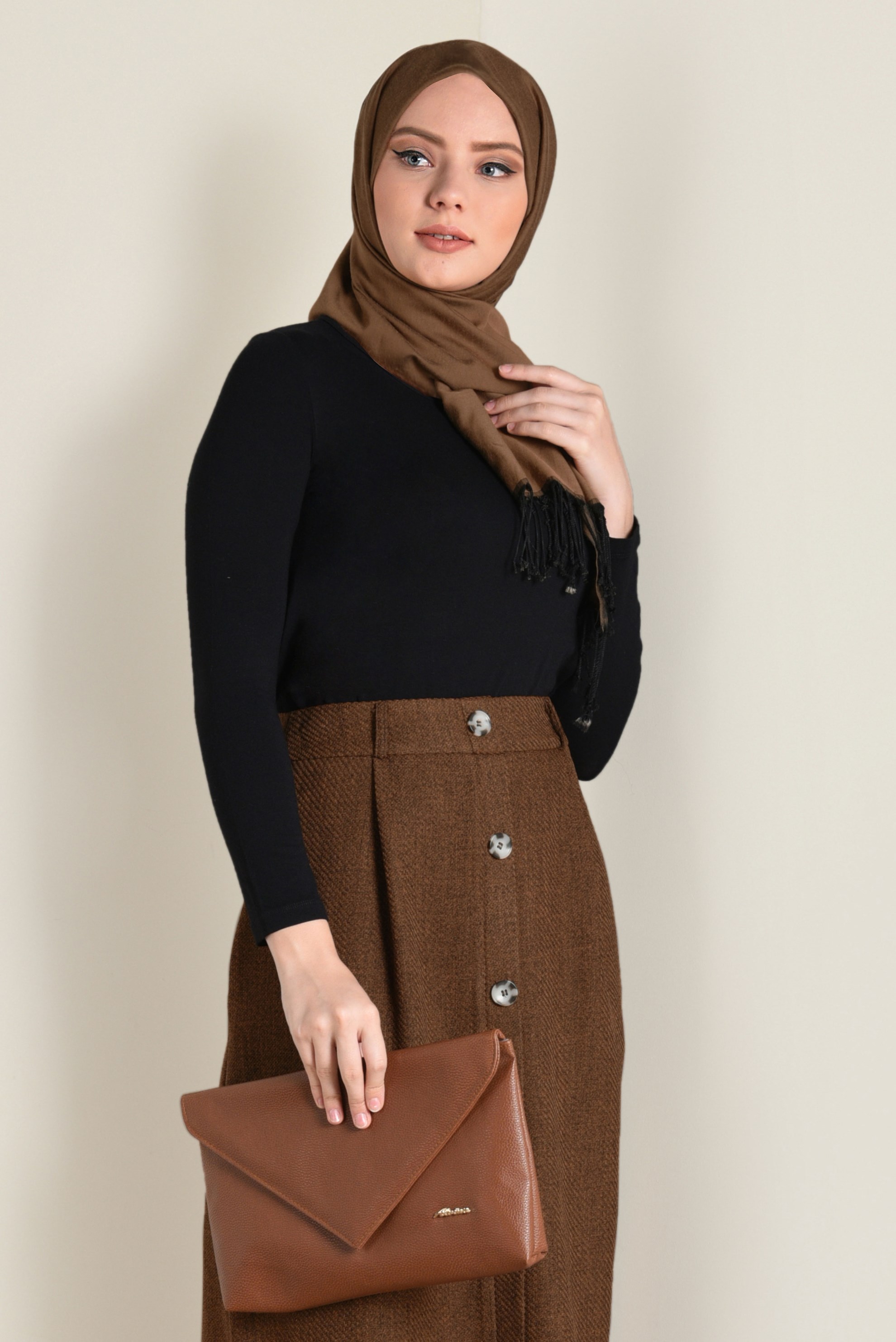 Tesettür giyim TABA YÜKSEK BEL DÜĞMELİ ETEK 6258