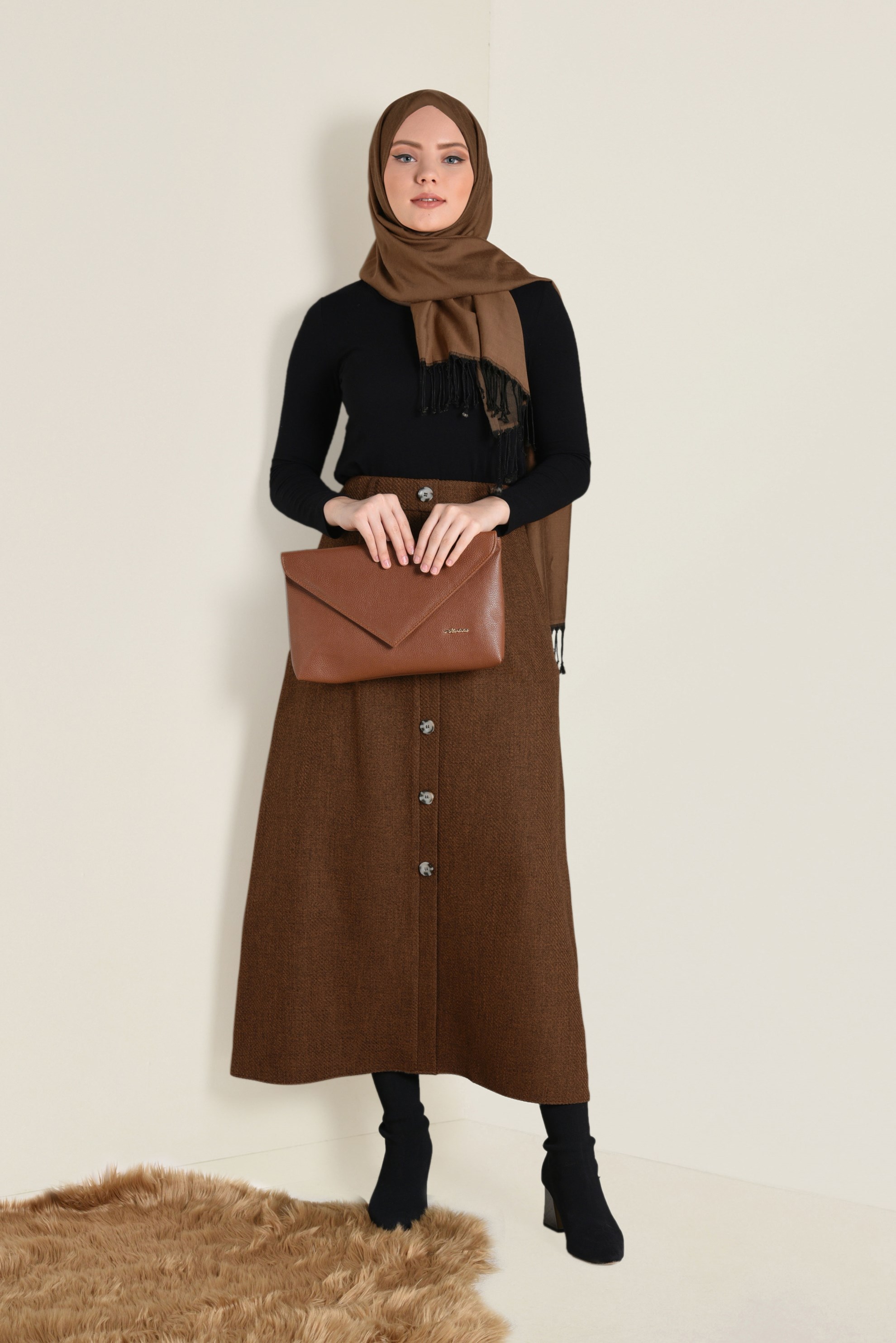 Tesettür giyim TABA YÜKSEK BEL DÜĞMELİ ETEK 6258