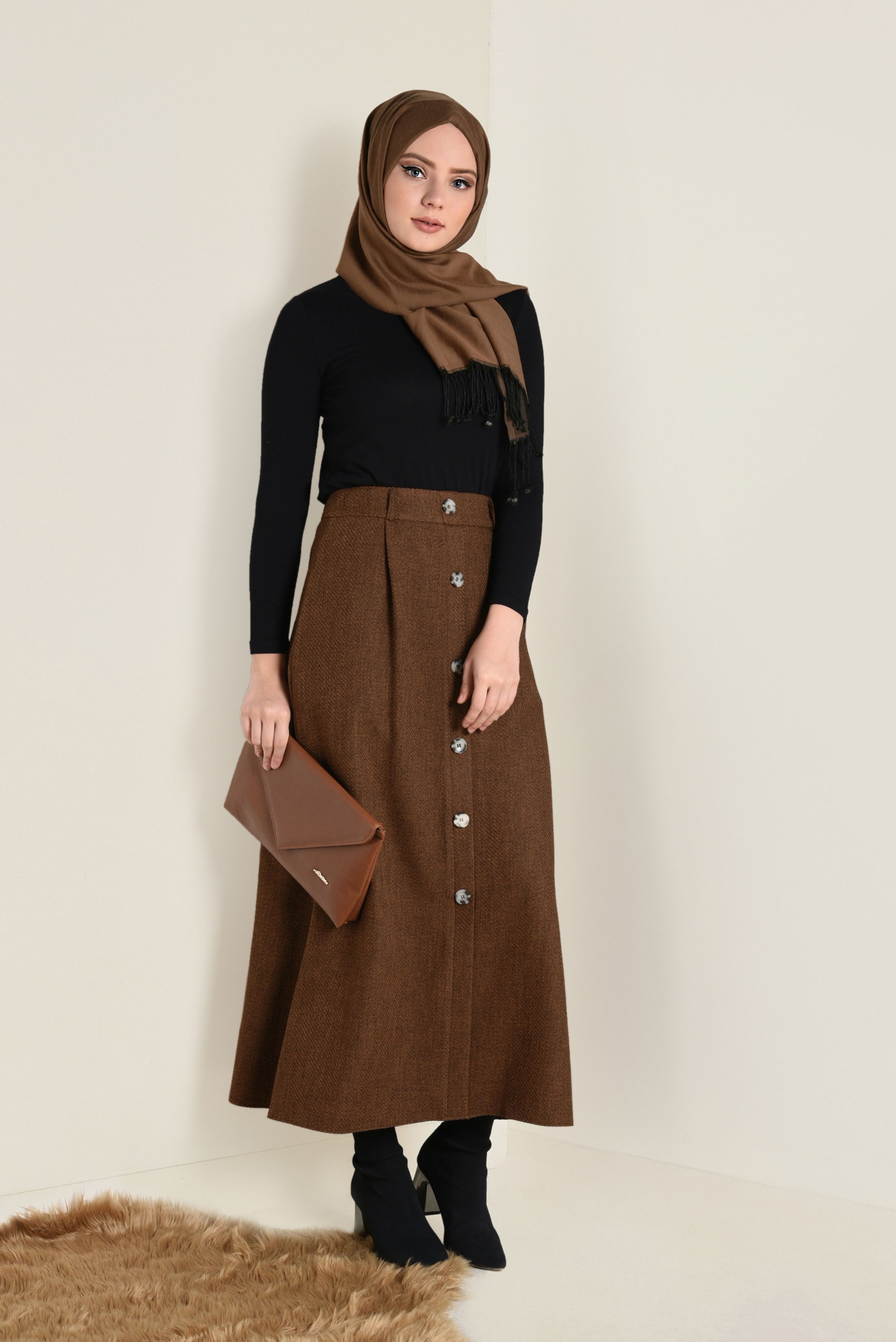 Tesettür giyim TABA YÜKSEK BEL DÜĞMELİ ETEK 6258